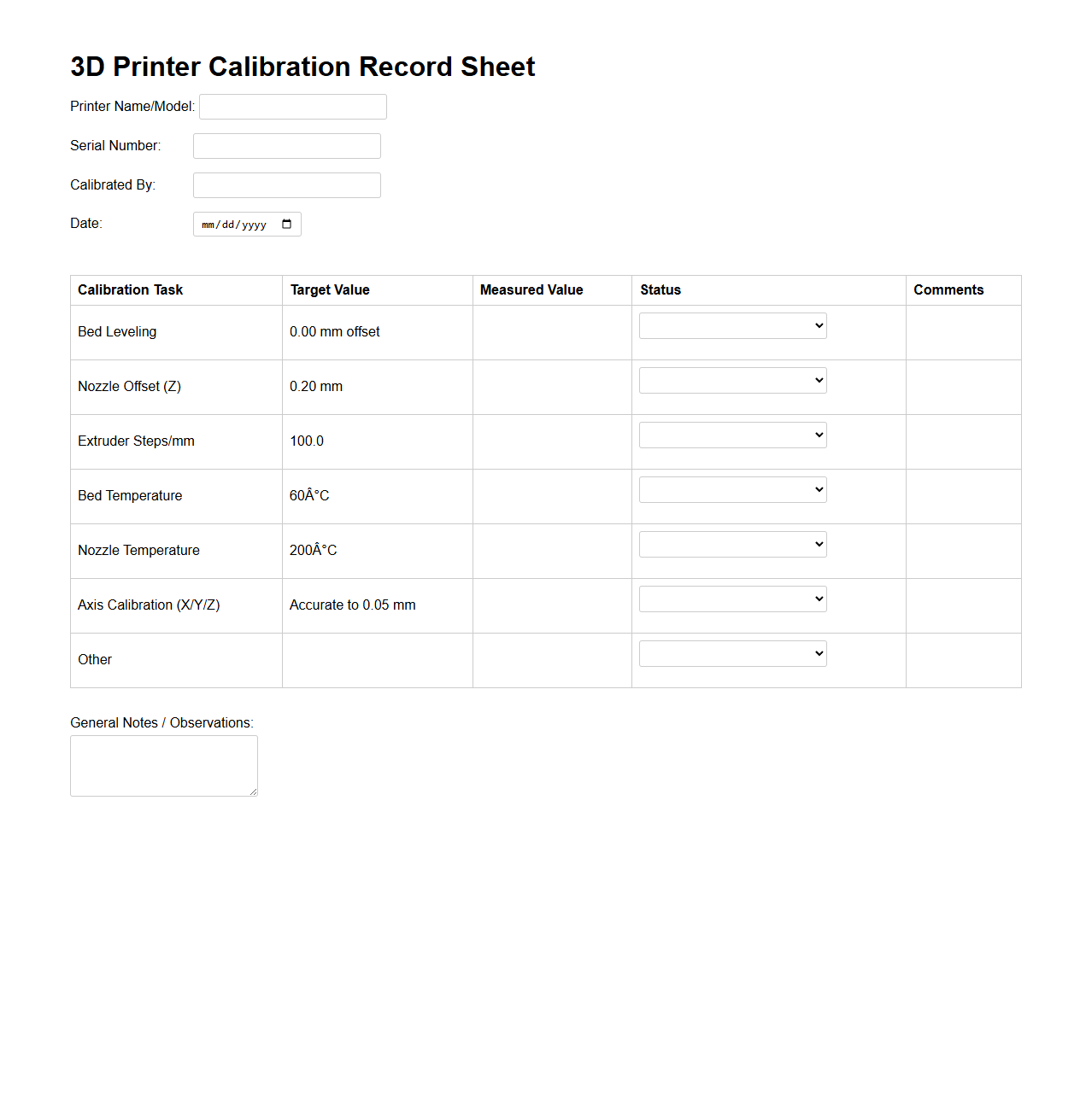 3D Printer Calibration Record Sheet