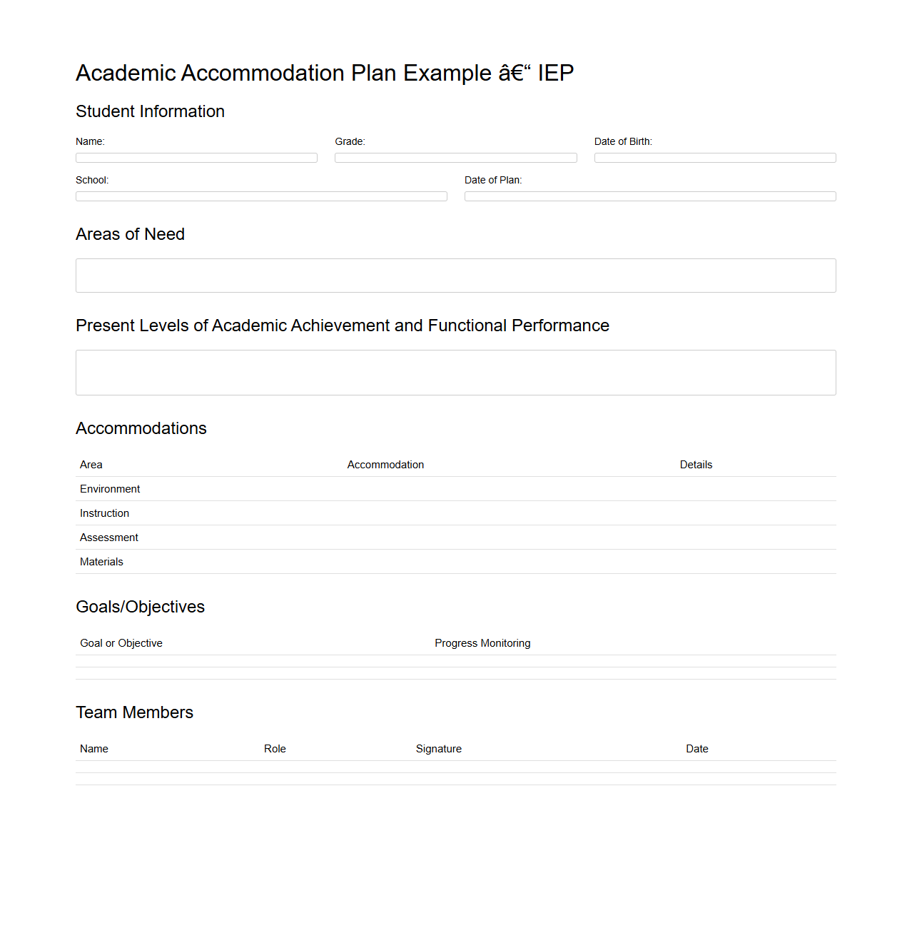 Academic Accommodation Plan Example for IEP