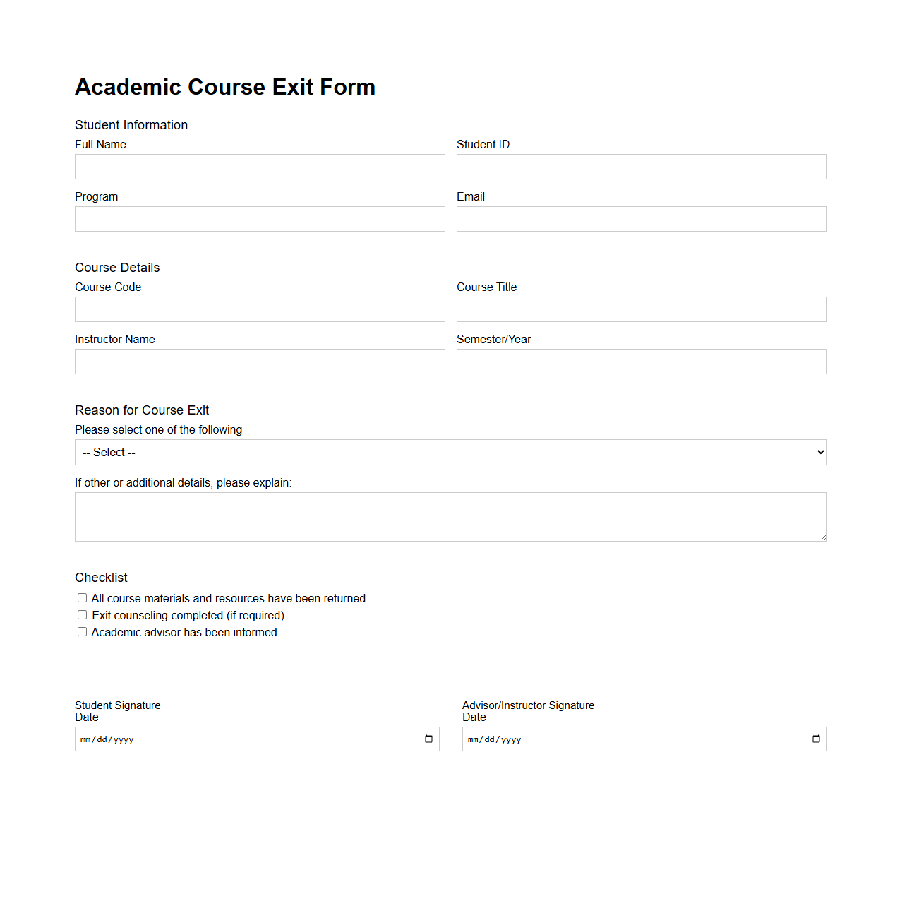 Academic Course Exit Form Sample