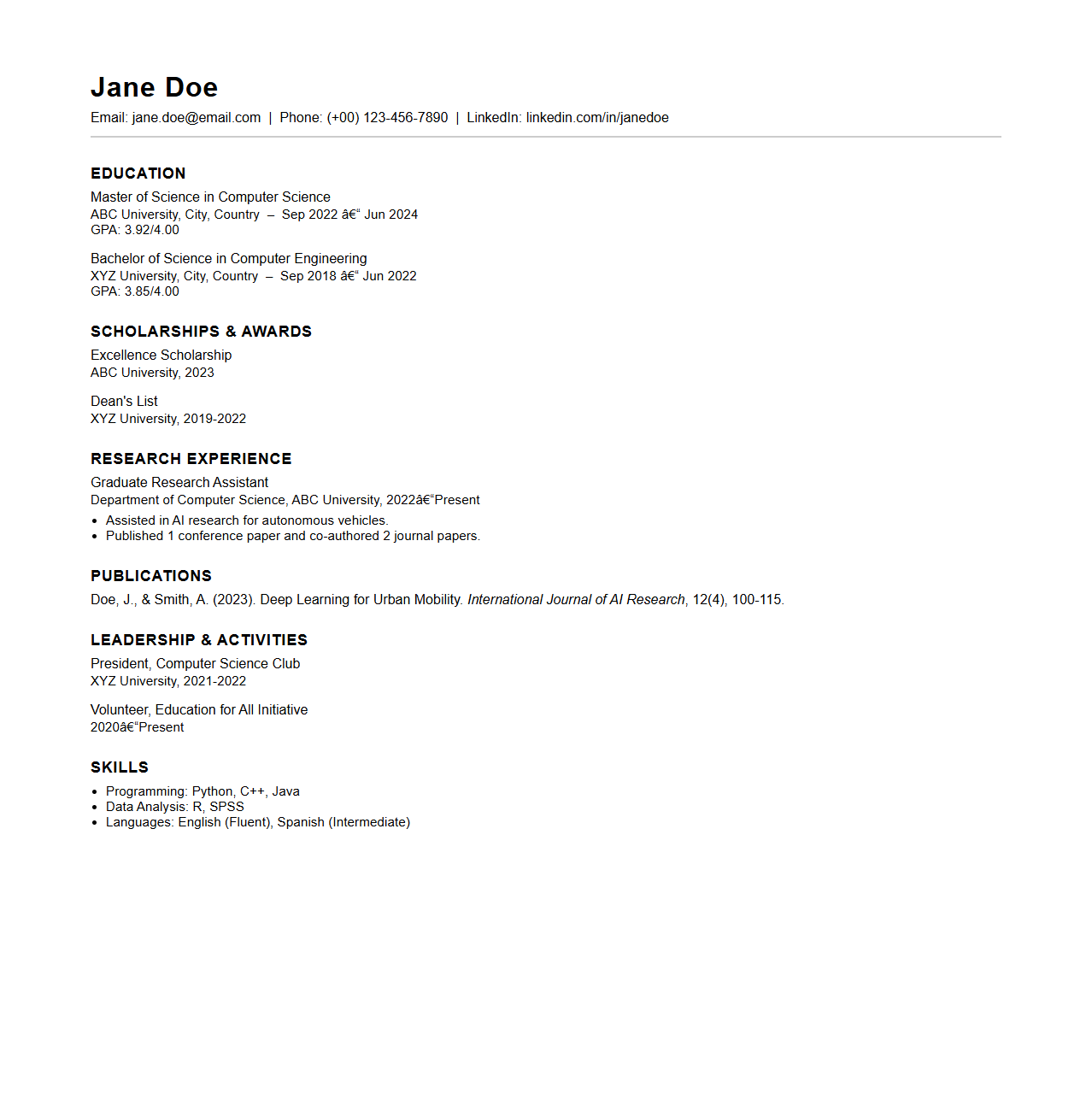 Academic CV Sample for Scholarship Programs