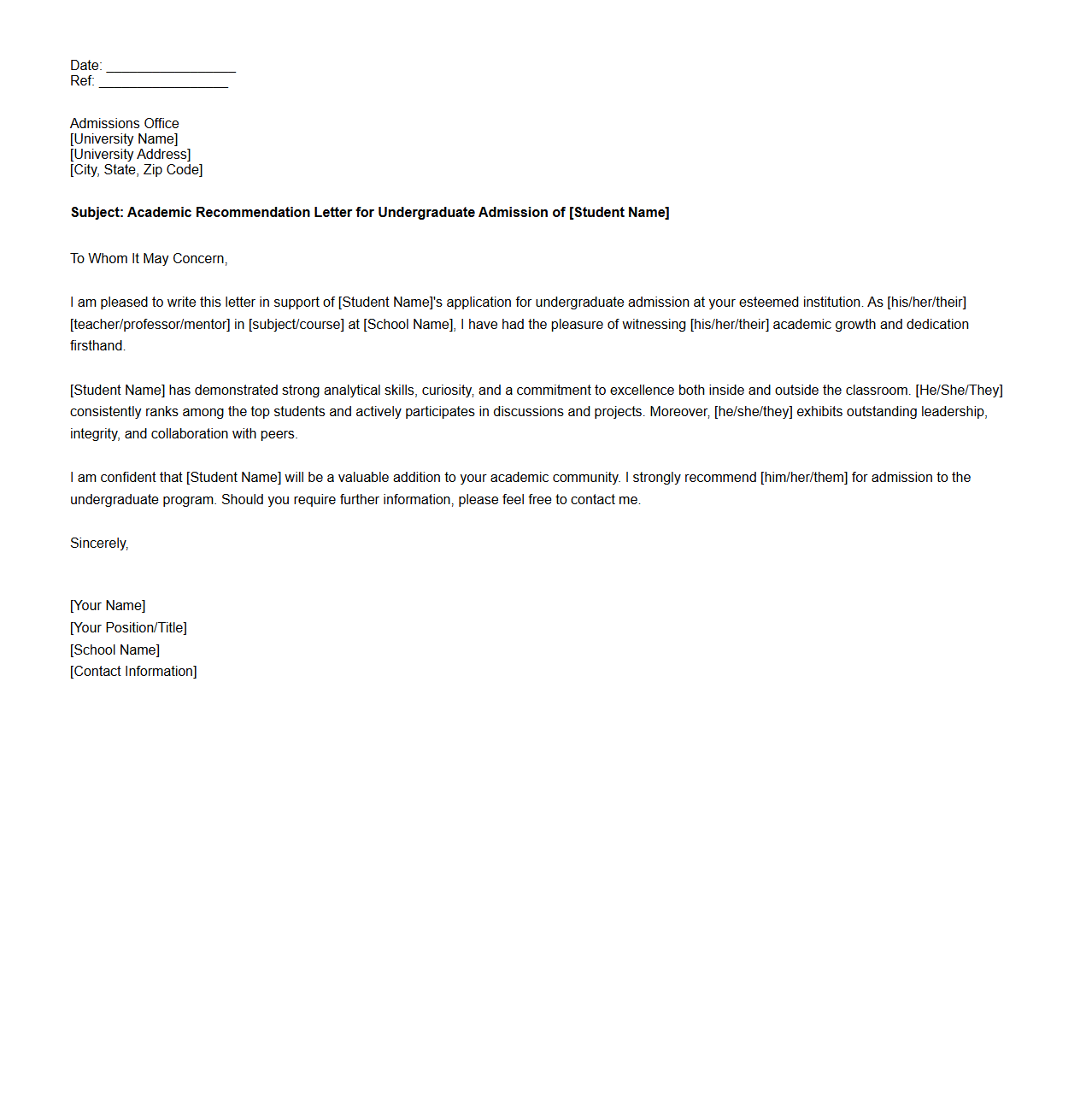 Academic Recommendation Letter for Undergraduate Admission