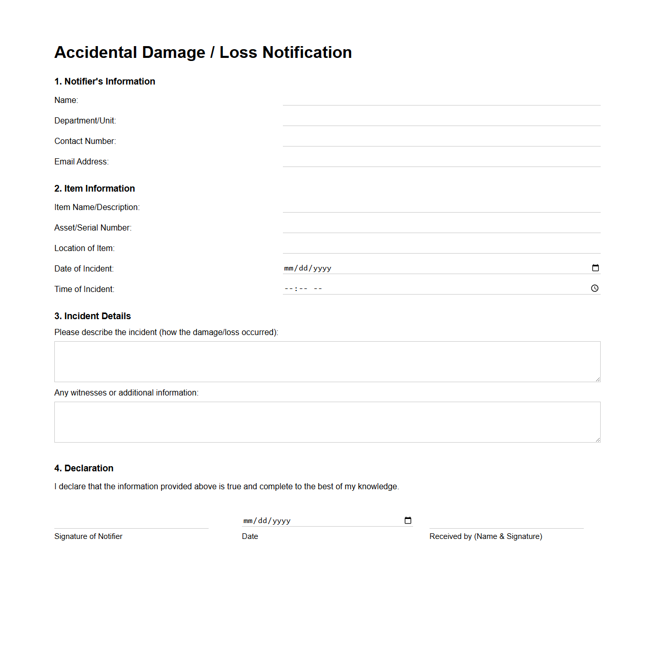 Accidental Damage Loss Notification Document Example
