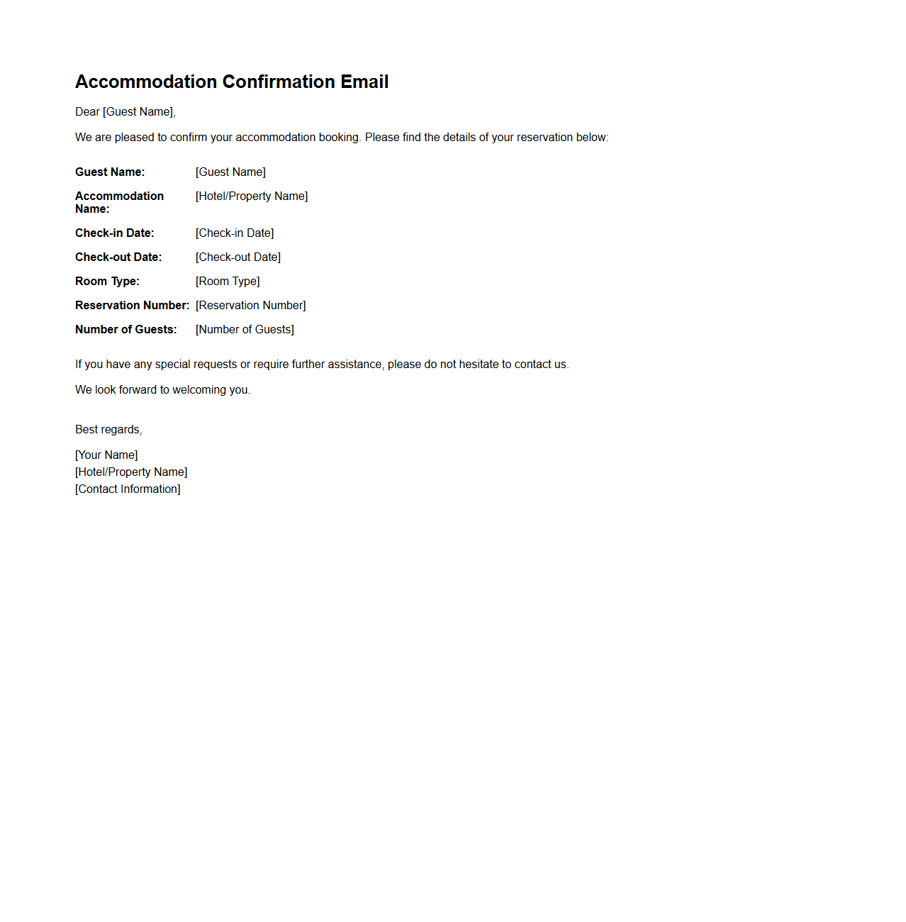 Accommodation Confirmation Email Sample
