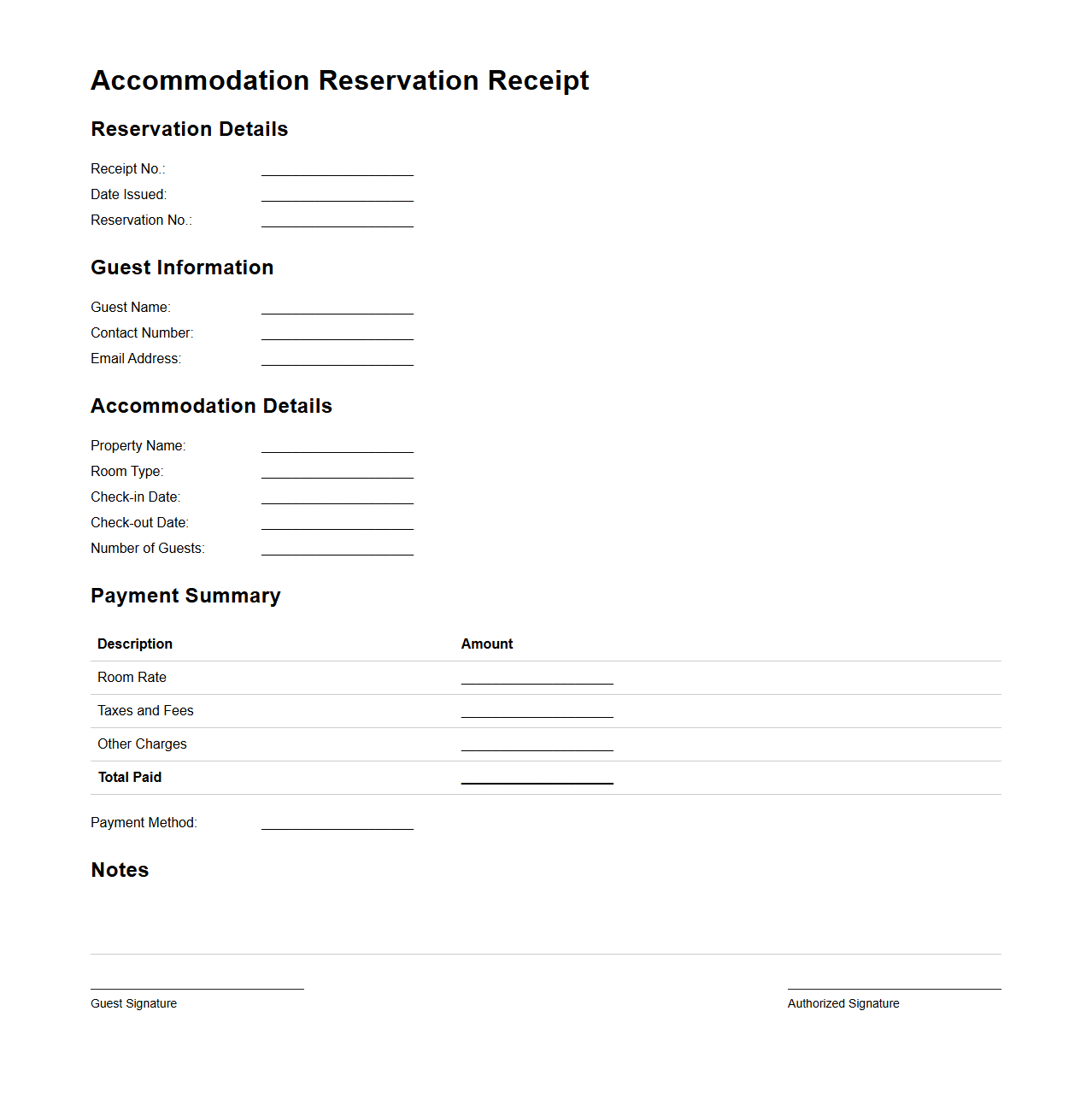 Accommodation Reservation Receipt Template