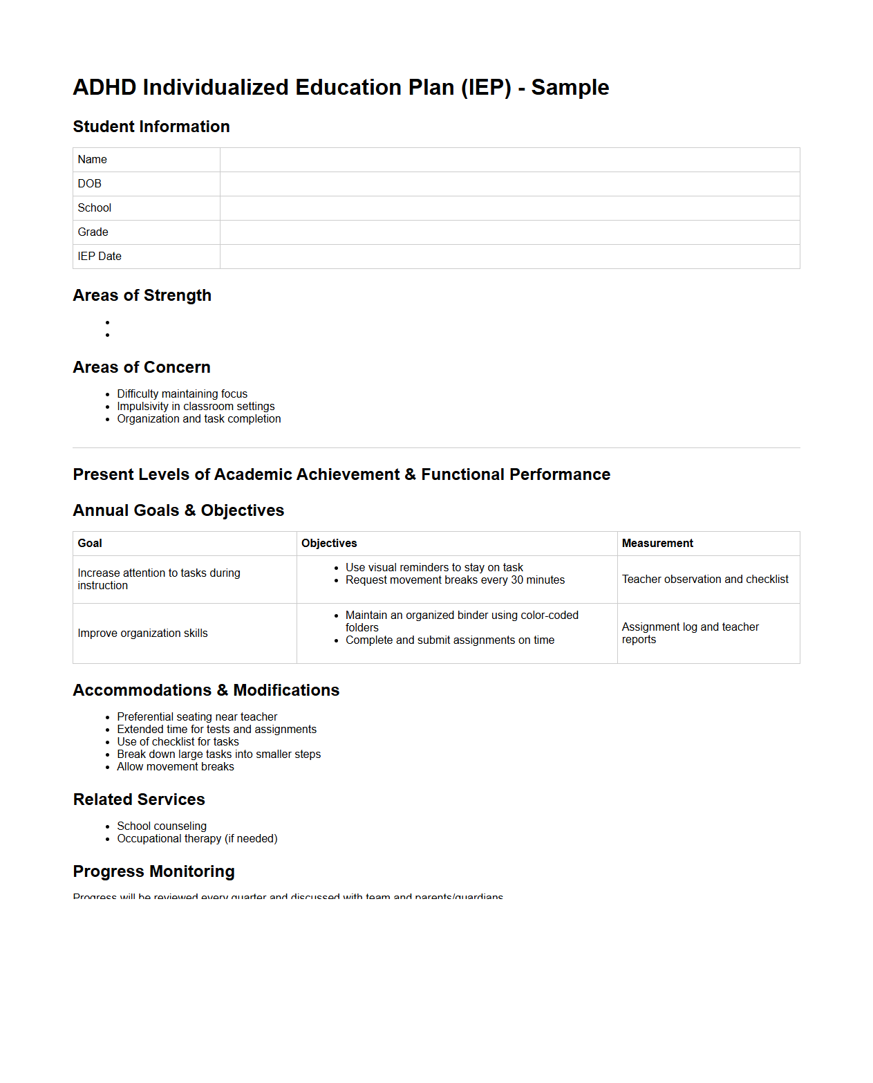 ADHD Individualized Education Plan Example