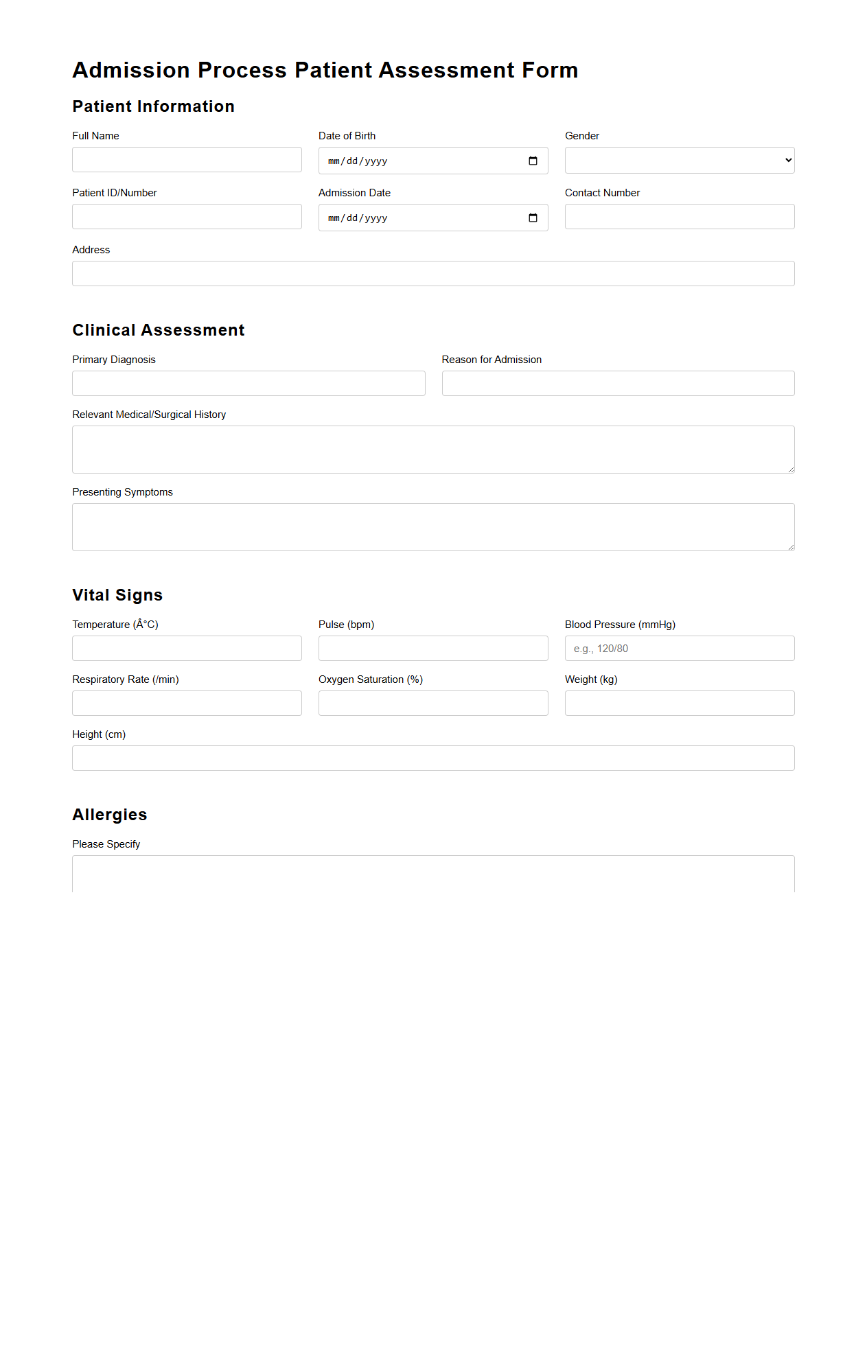 Admission Process Patient Assessment Form