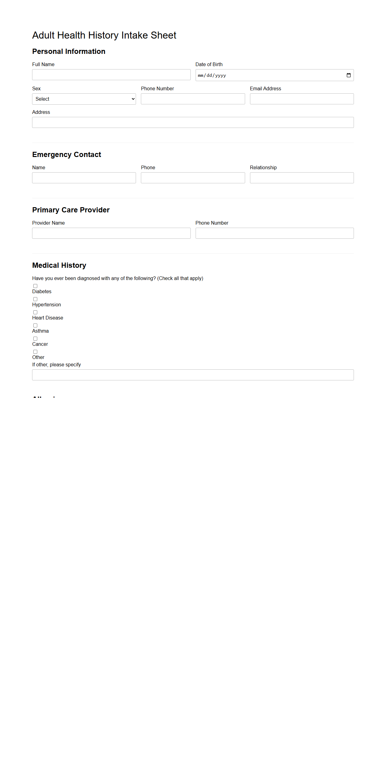 Adult Health History Intake Sheet