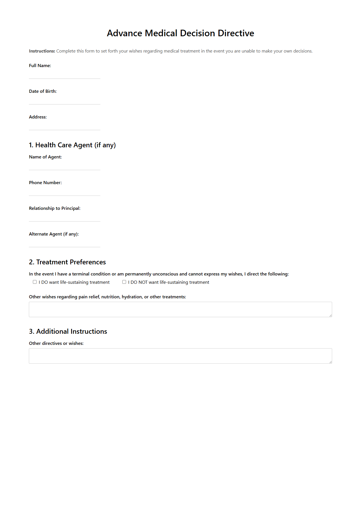 Advance Medical Decision Directive Template