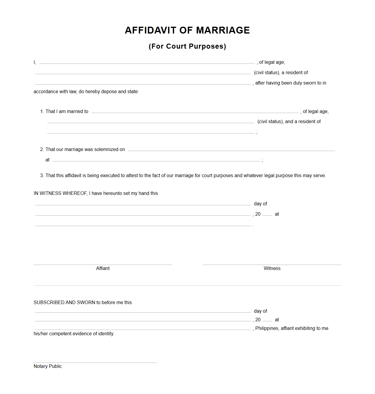 Affidavit of Marriage for Court Purposes