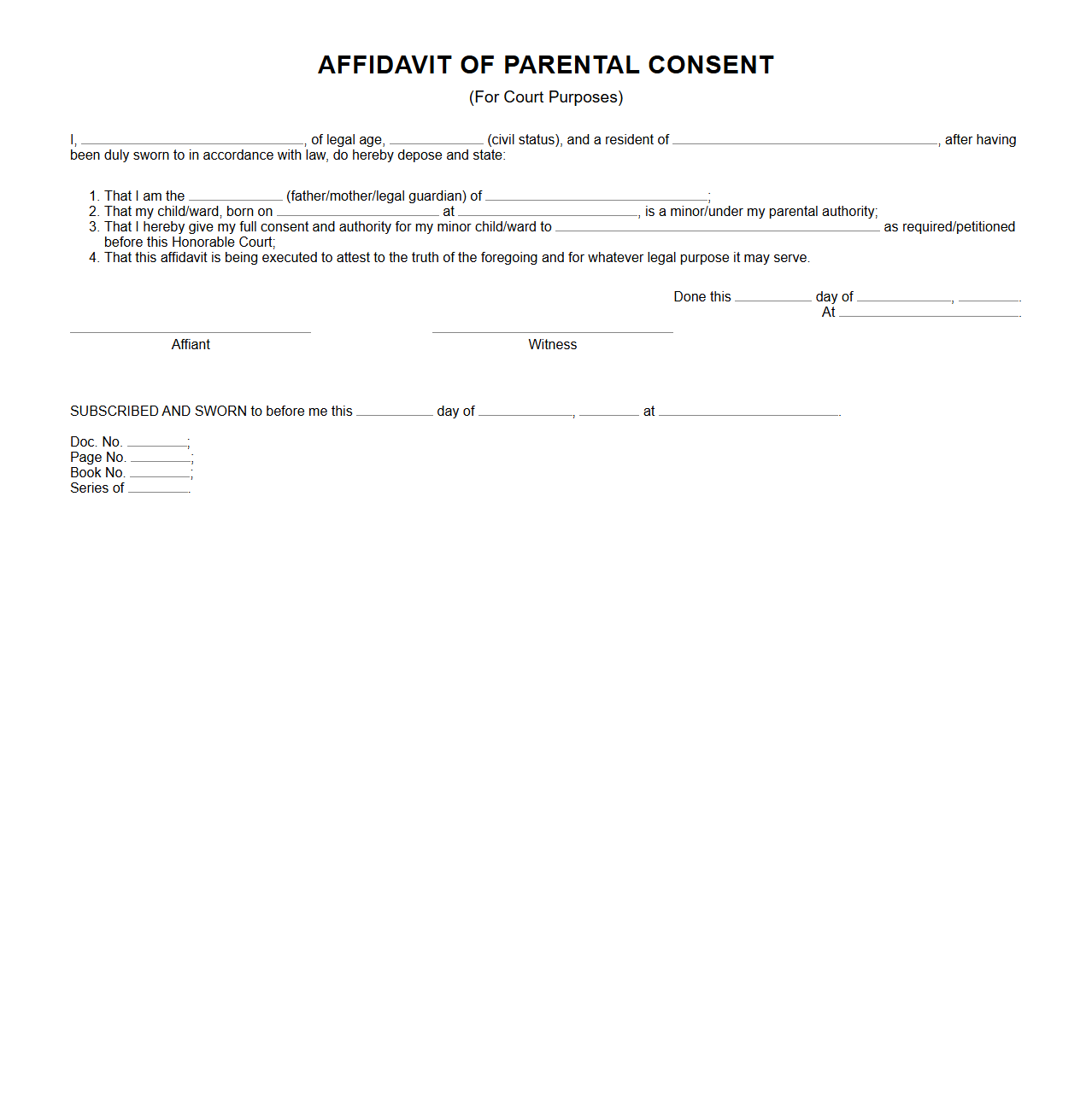 Affidavit of Parental Consent for Court