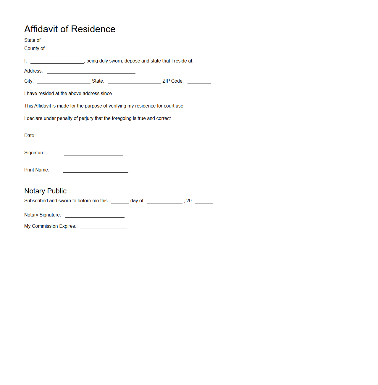 Affidavit of Residence for Court Use