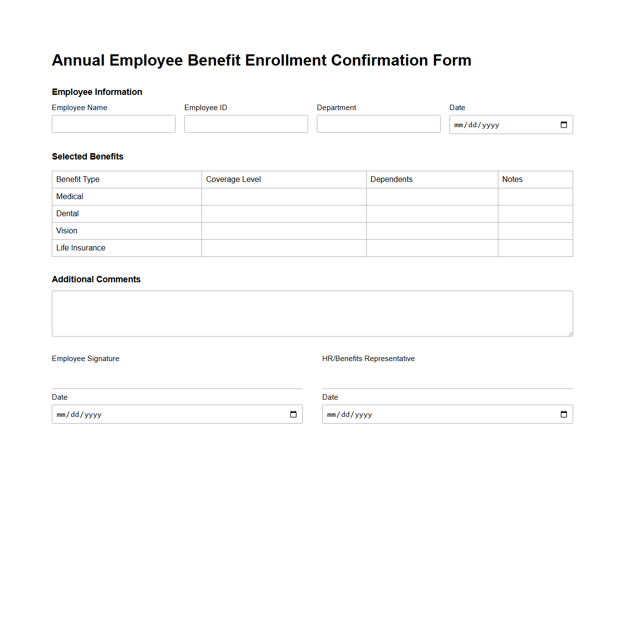 Annual Employee Benefit Enrollment Confirmation Form