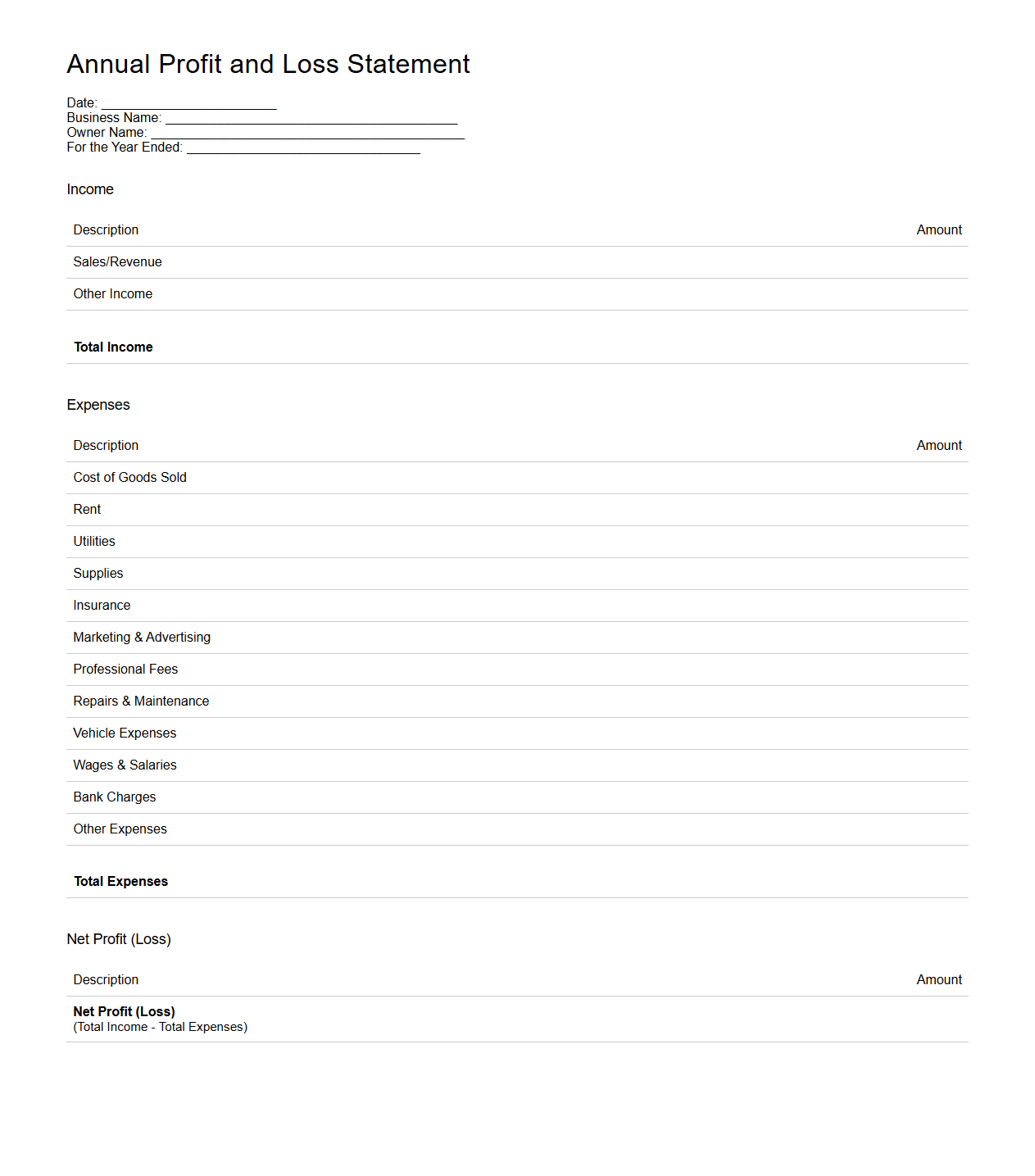 Annual Profit and Loss Statement Template for Sole Proprietors