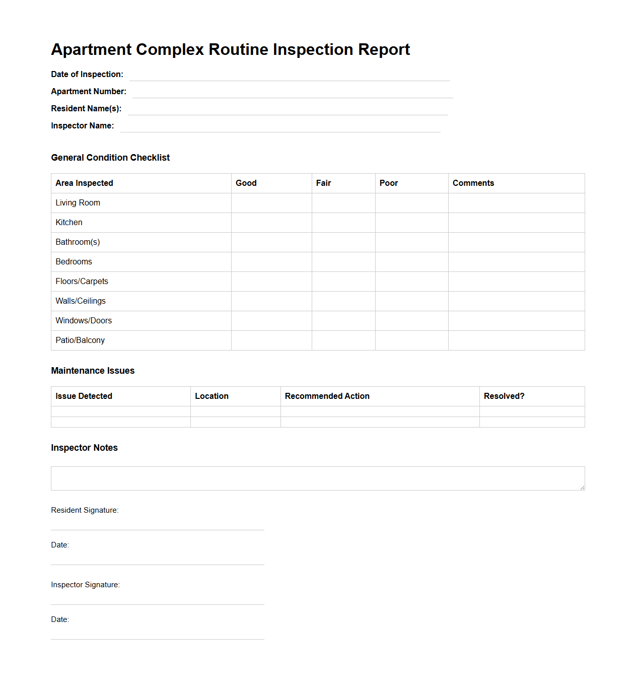 Apartment Complex Routine Inspection Report Sample