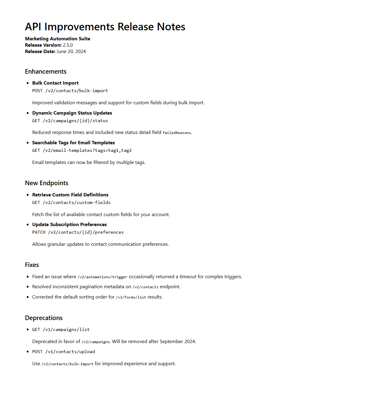 API Improvements Release Notes for Marketing Automation Suite