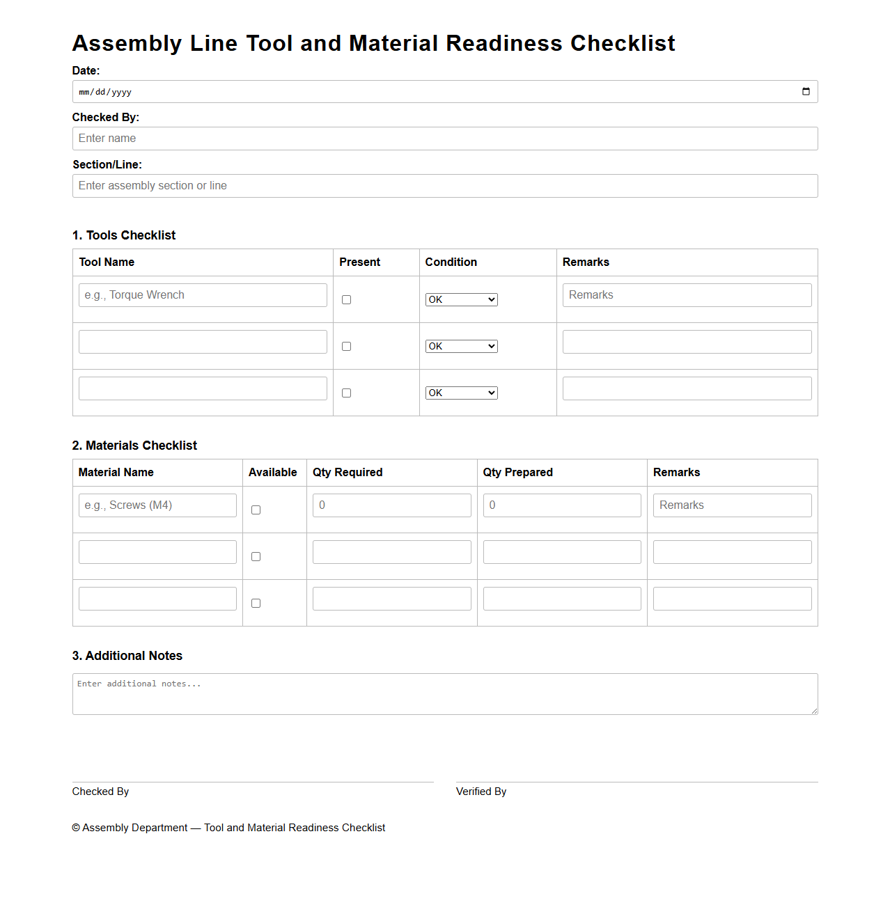 Assembly Line Tool and Material Readiness Checklist