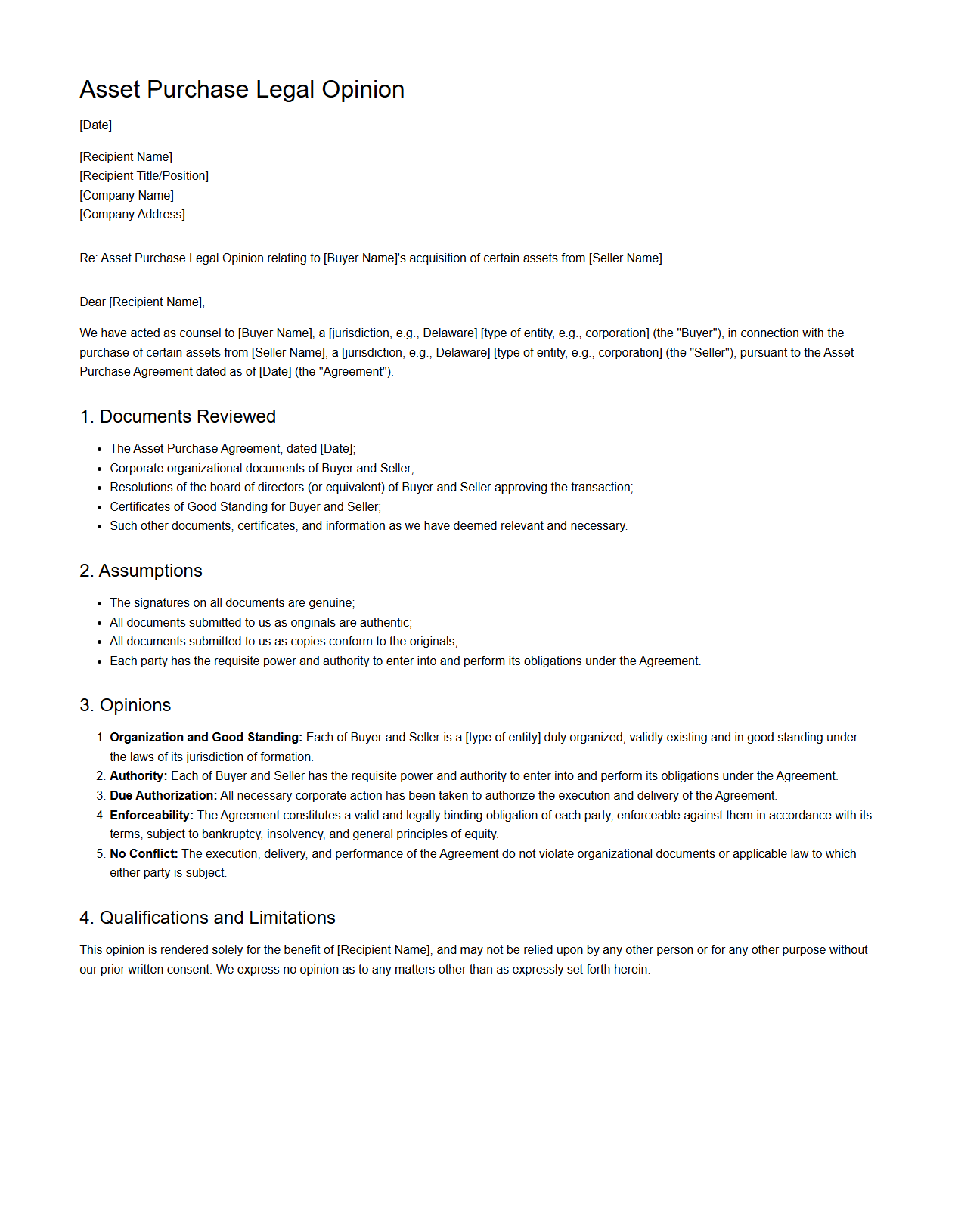 Asset Purchase Legal Opinion Template