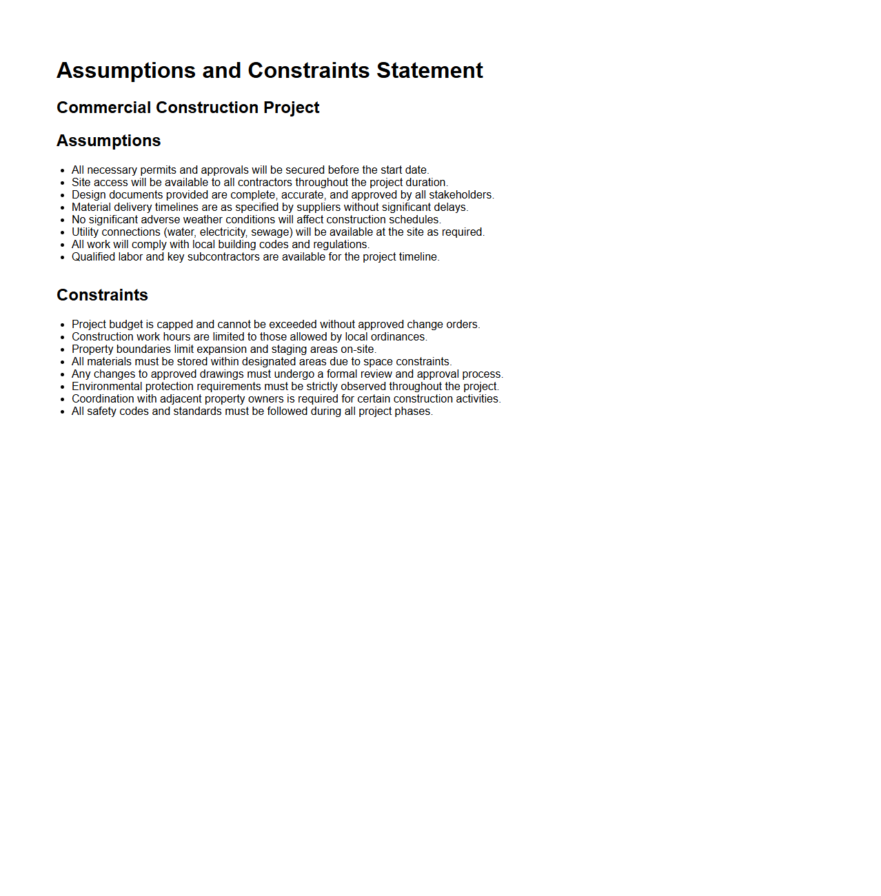 Assumptions and Constraints Statement for Commercial Construction