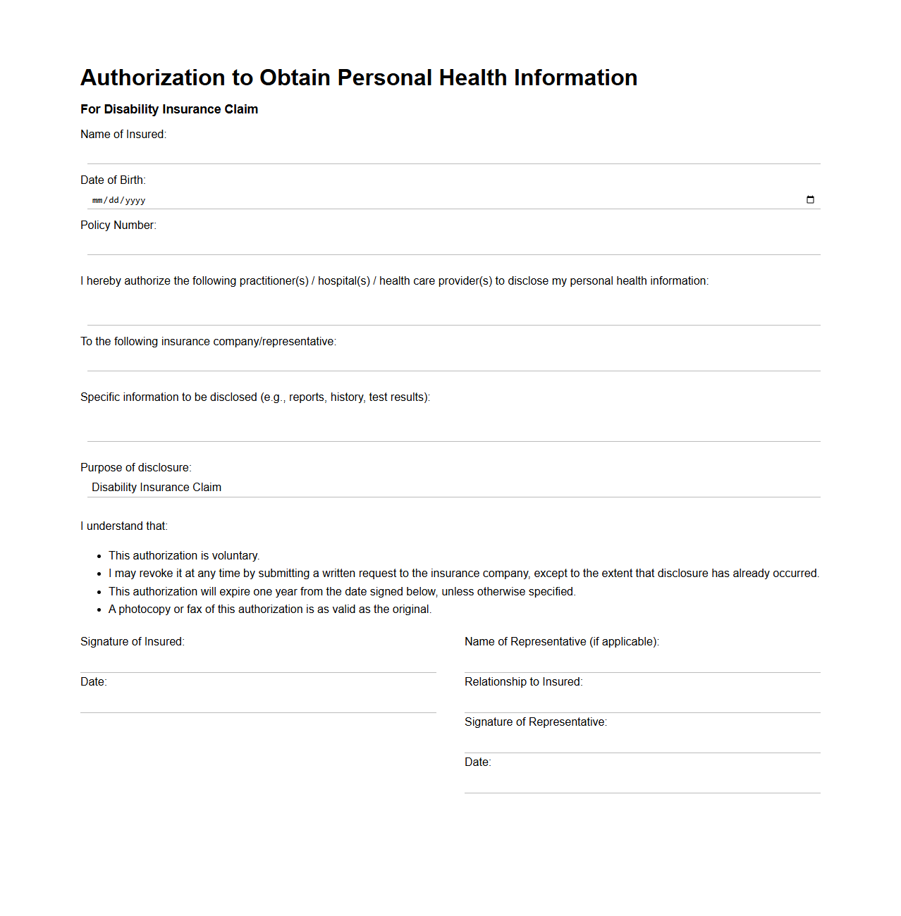 Authorization to Obtain Personal Health Information for Disability Insurance
