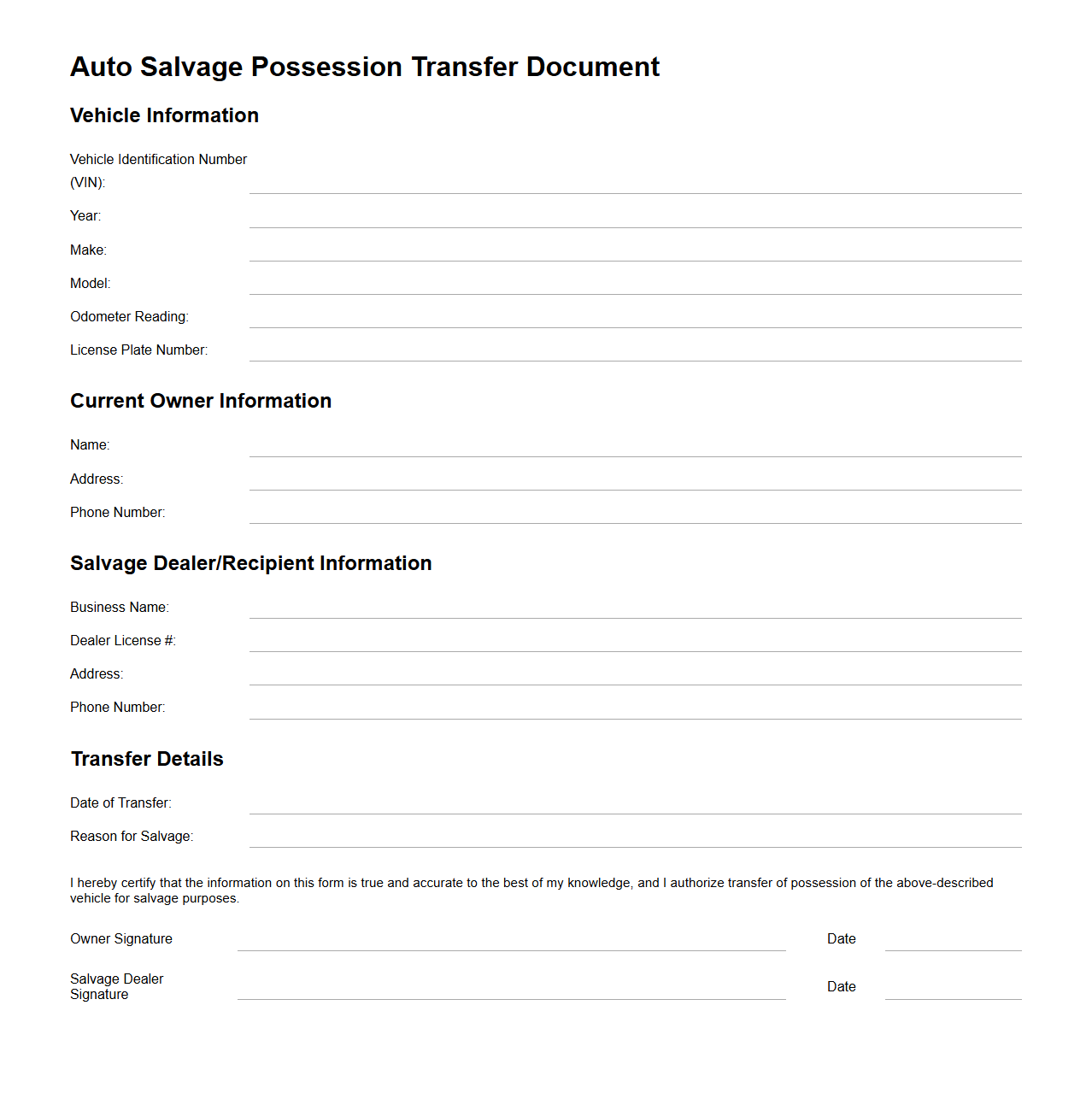 Auto Salvage Possession Transfer Document