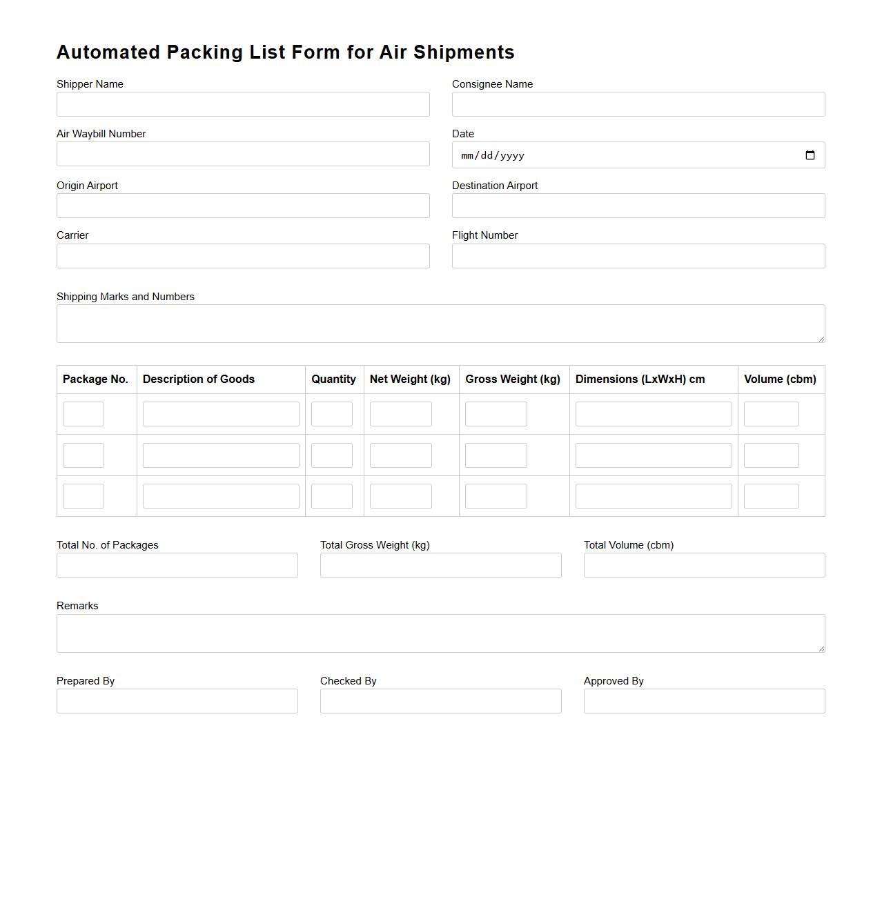 Automated Packing List Form for Air Shipments
