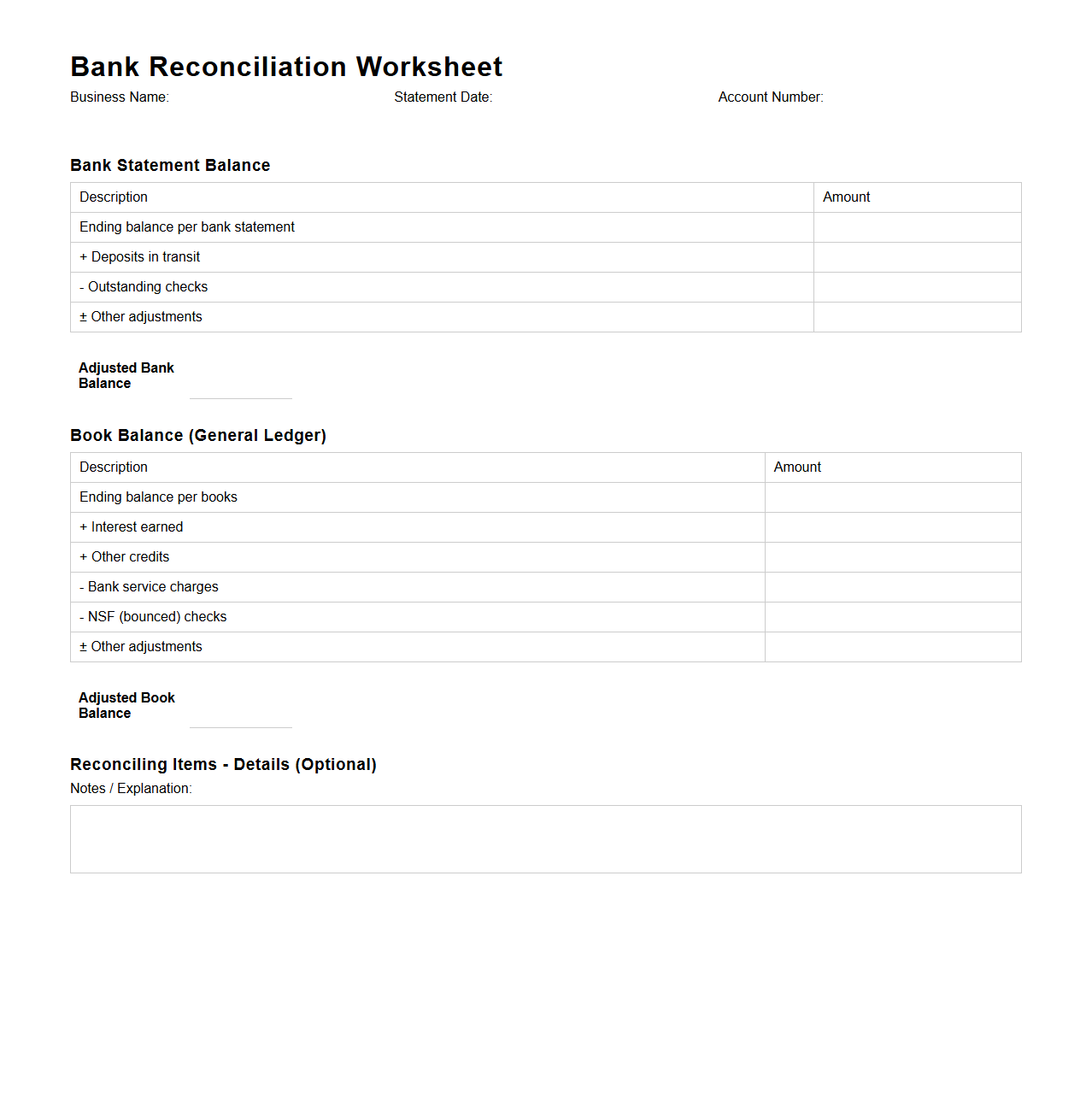 Bank Reconciliation Worksheet for Businesses
