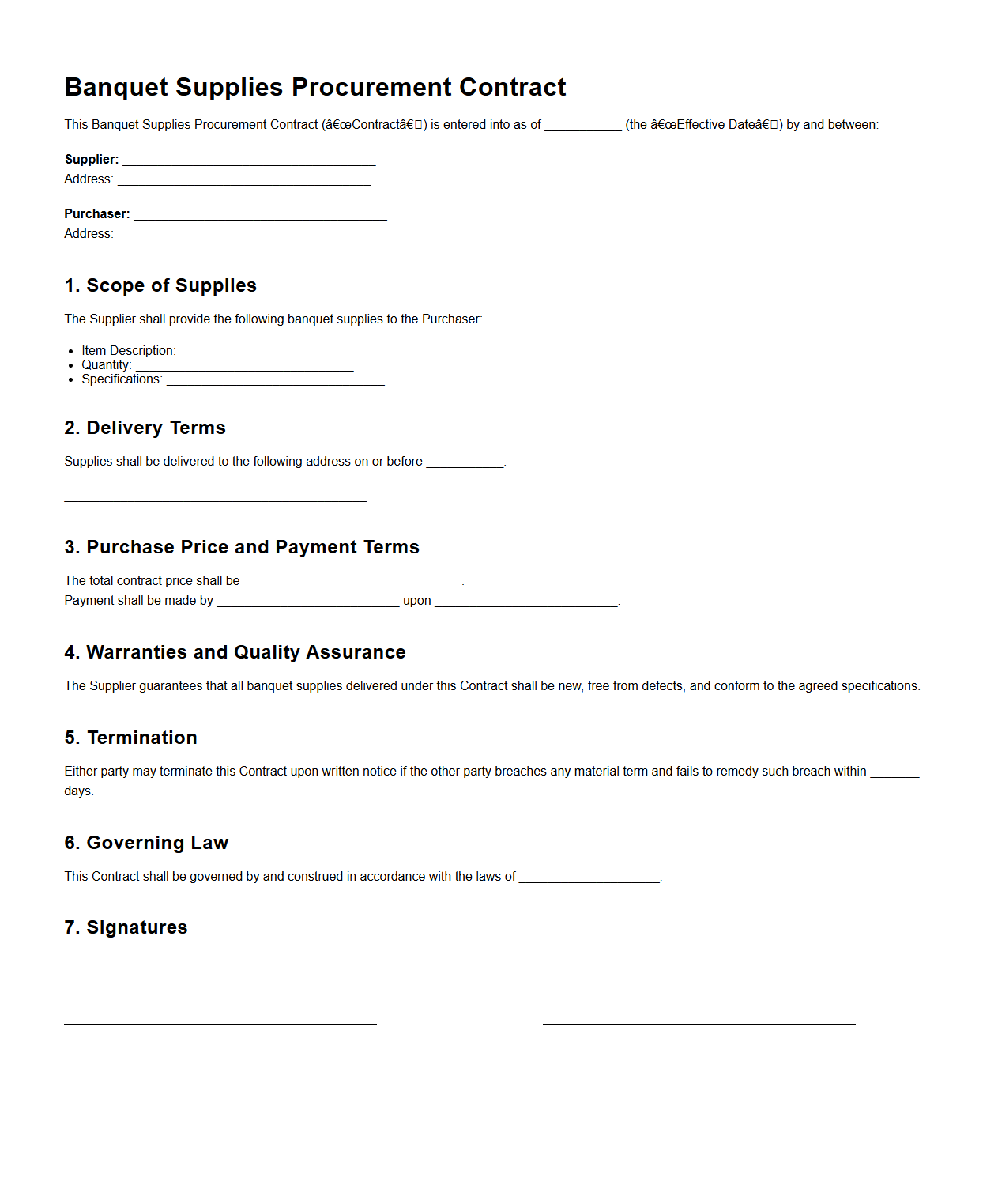 Banquet Supplies Procurement Contract Template