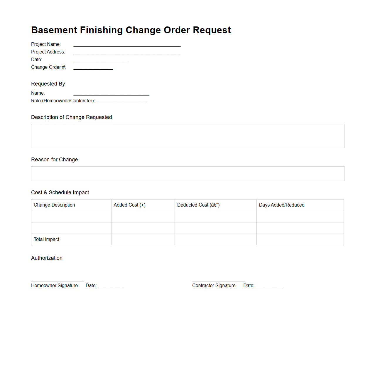 Basement Finishing Change Order Request Template