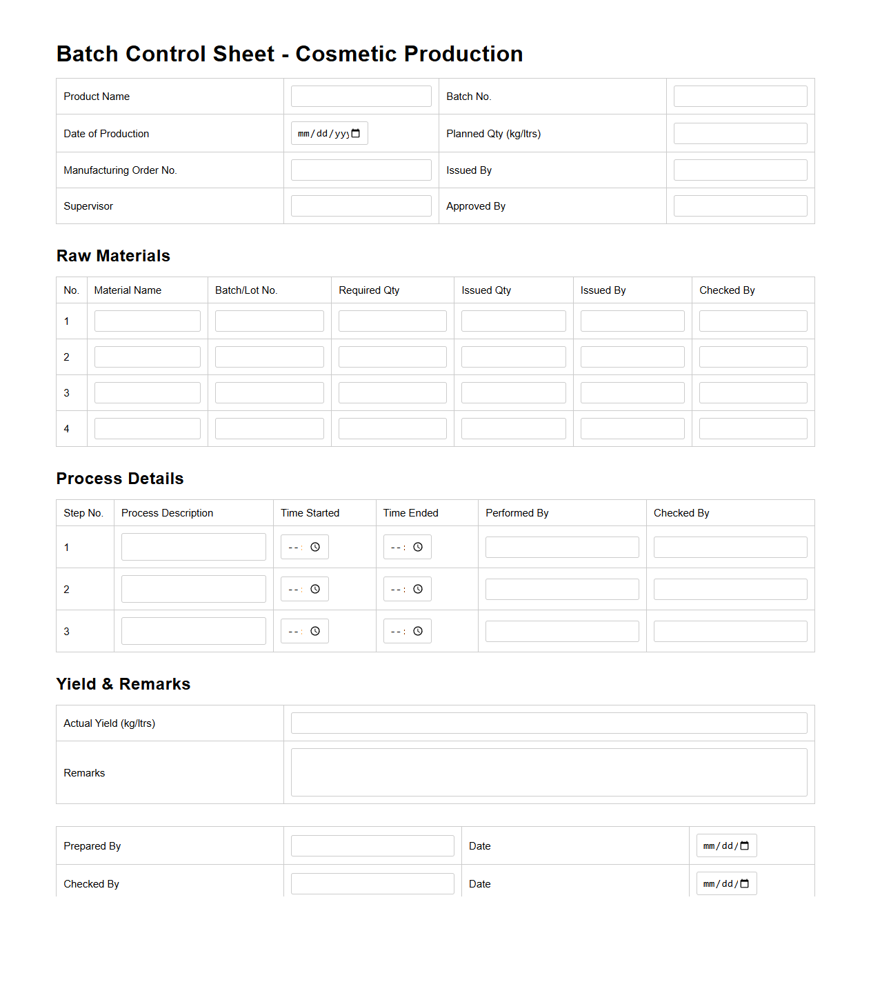 Batch Control Sheet for Cosmetic Production