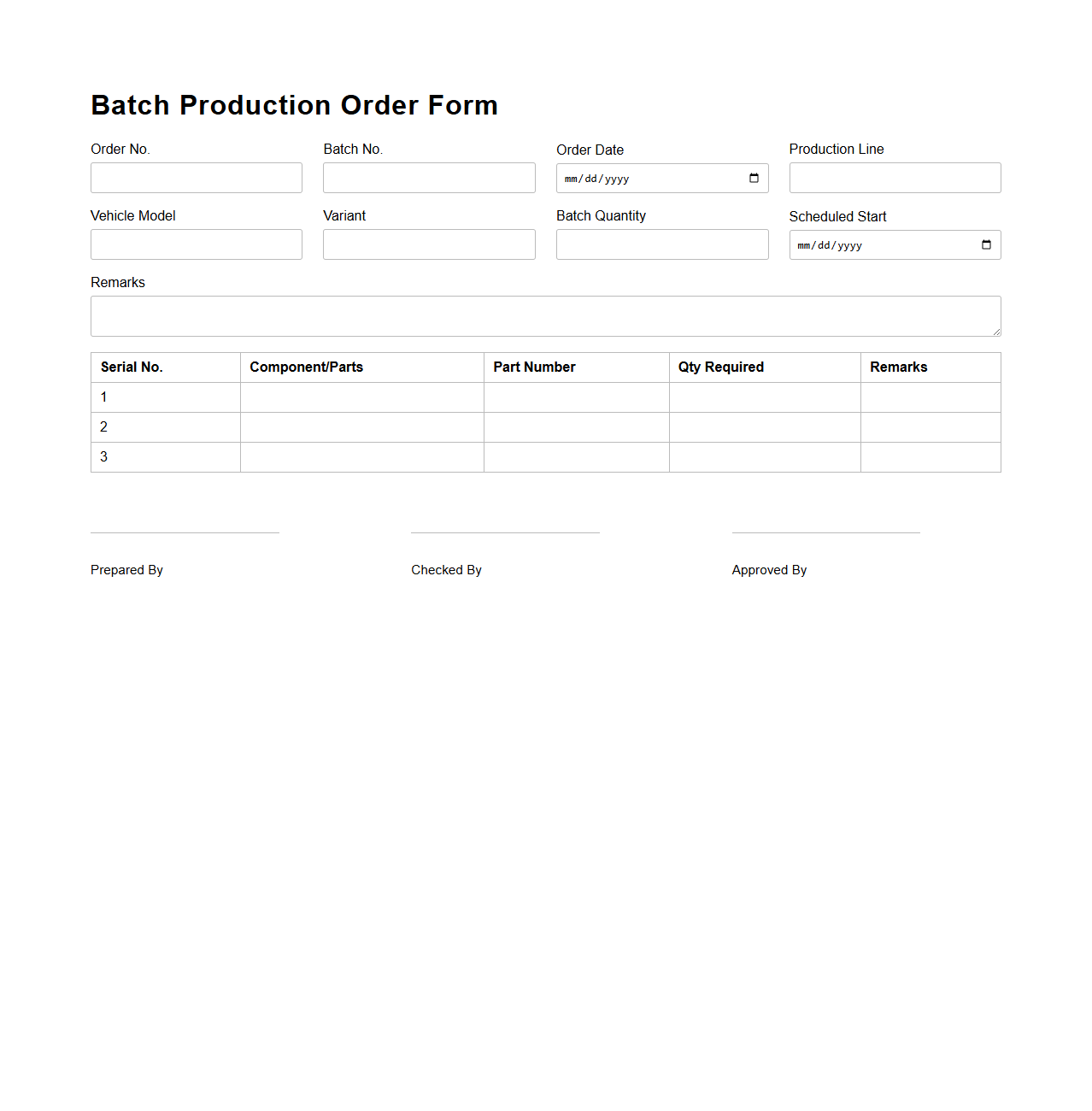Batch Production Order Form for Automotive Assembly Line