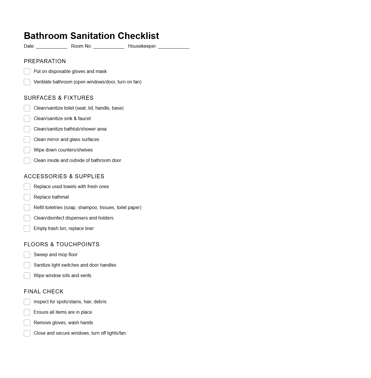 Bathroom Sanitation Checklist for Resort Housekeepers