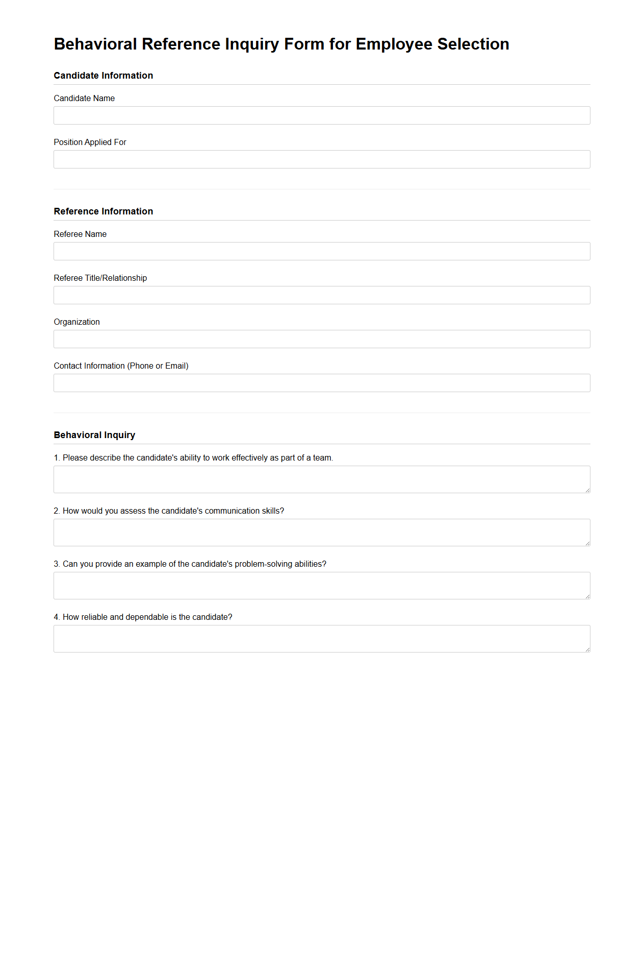 Behavioral Reference Inquiry Form for Employee Selection