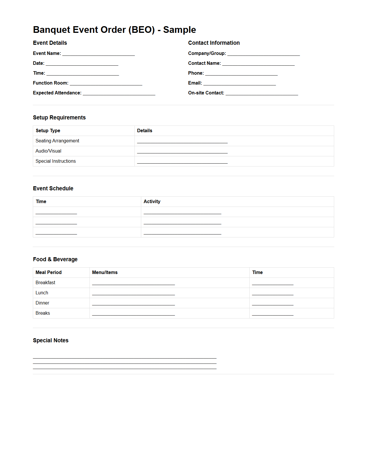 BEO Sample for Hotel Event Coordinators