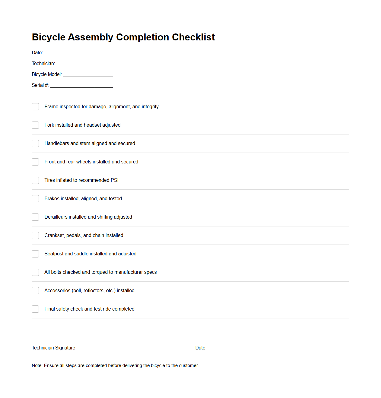Bicycle Assembly Completion Checklist