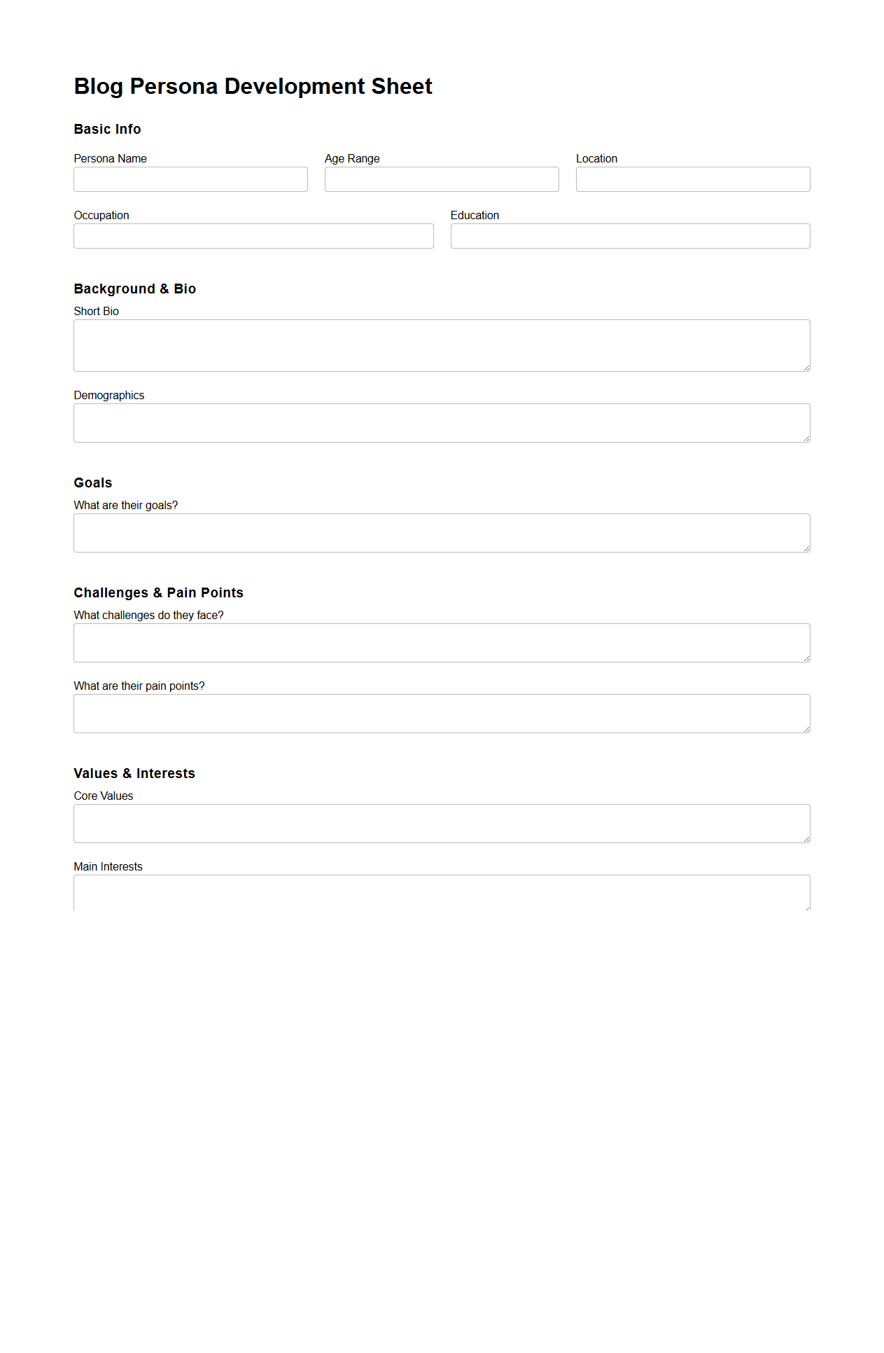 Blog Persona Development Sheet