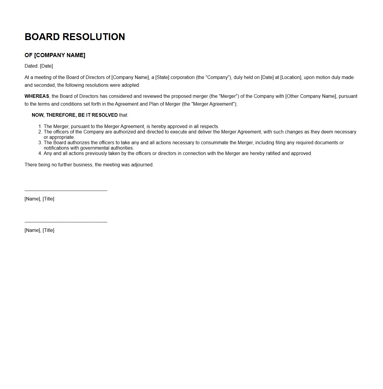 Board Resolution Template for Approving Merger