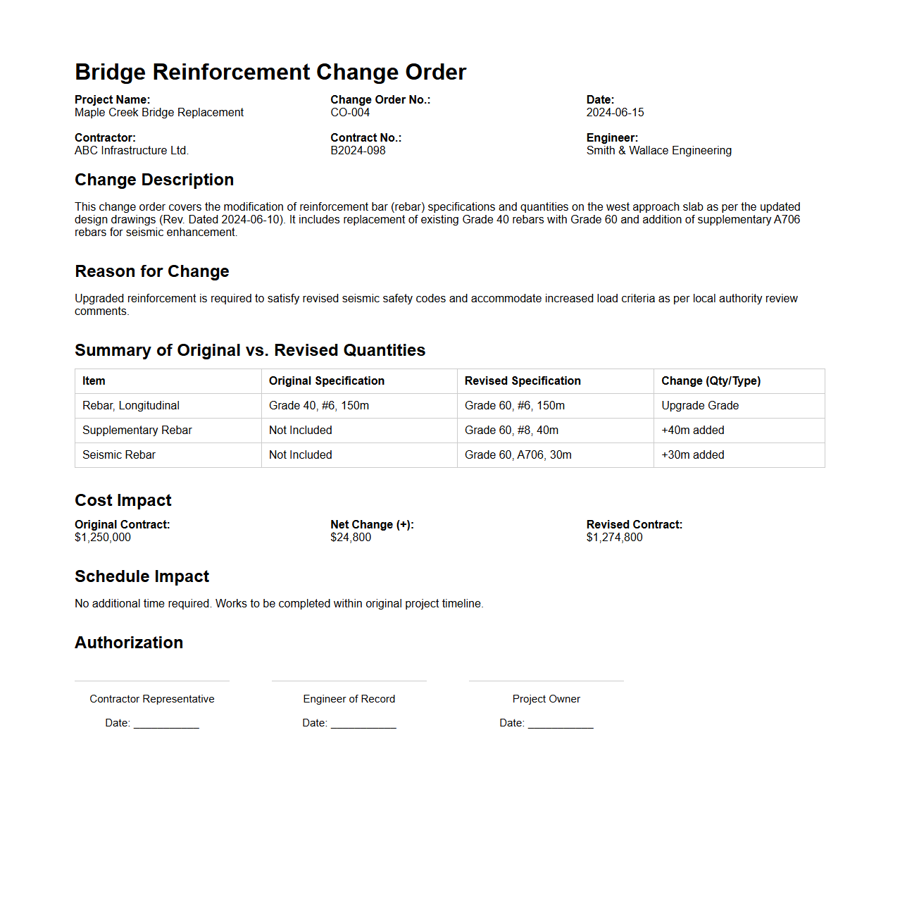 Bridge Reinforcement Change Order Document Example