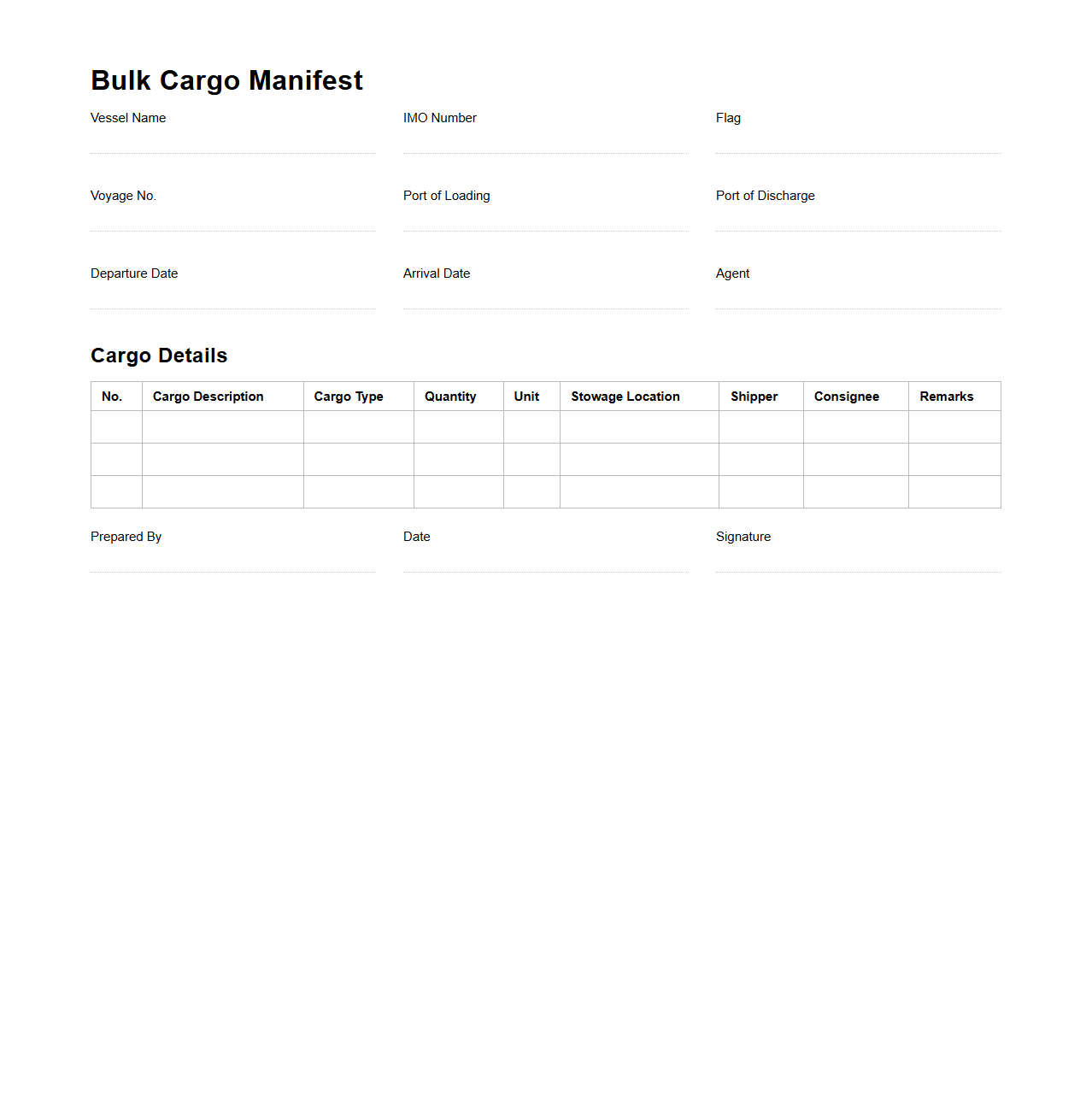 Bulk Cargo Manifest Template for Marine Transportation