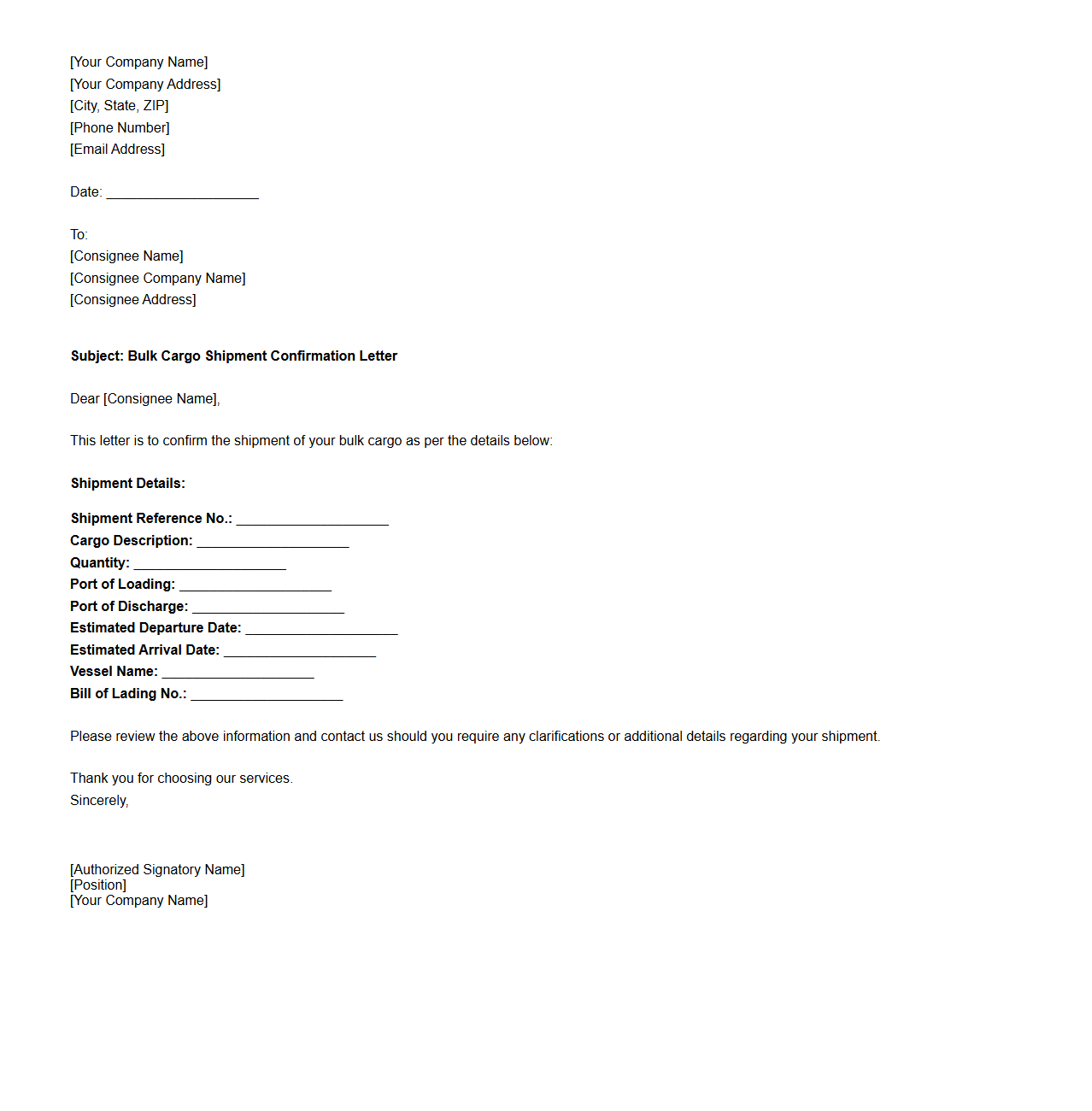 Bulk Cargo Shipment Confirmation Letter Template