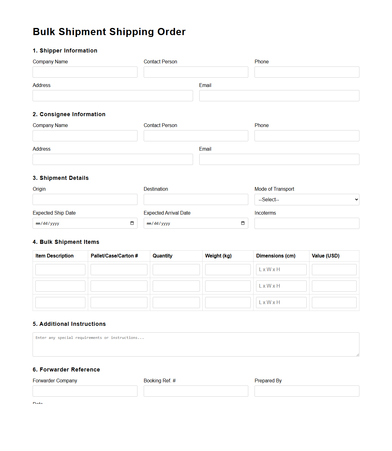 Bulk Shipment Shipping Order Template for Freight Forwarders