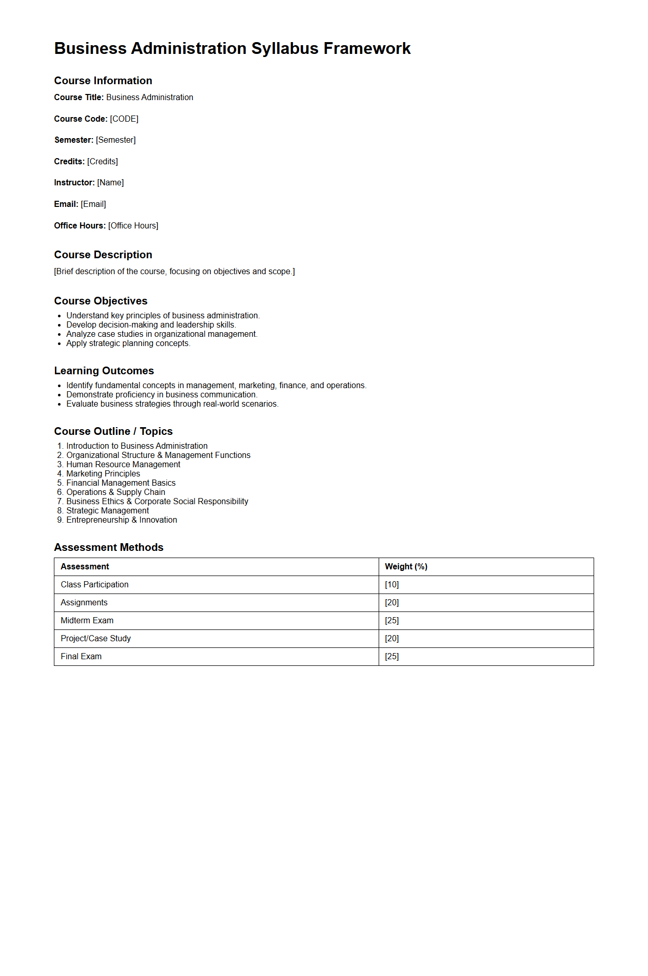 Business Administration Syllabus Framework