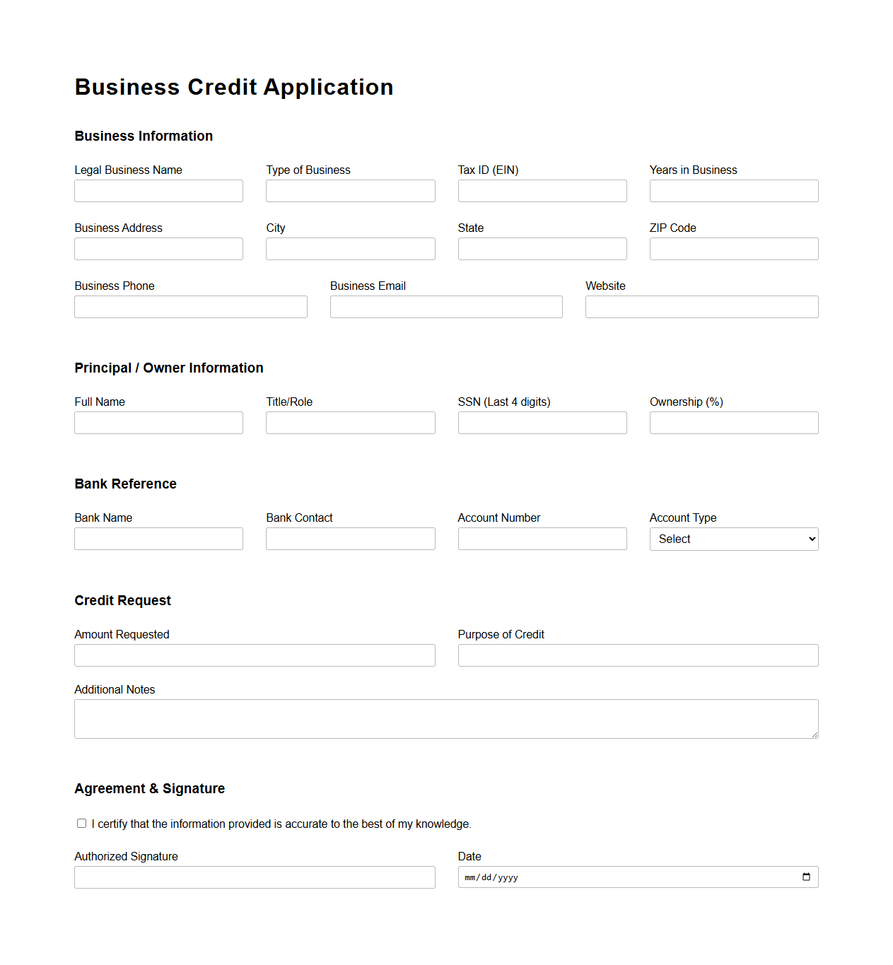 Business Credit Application Form Example