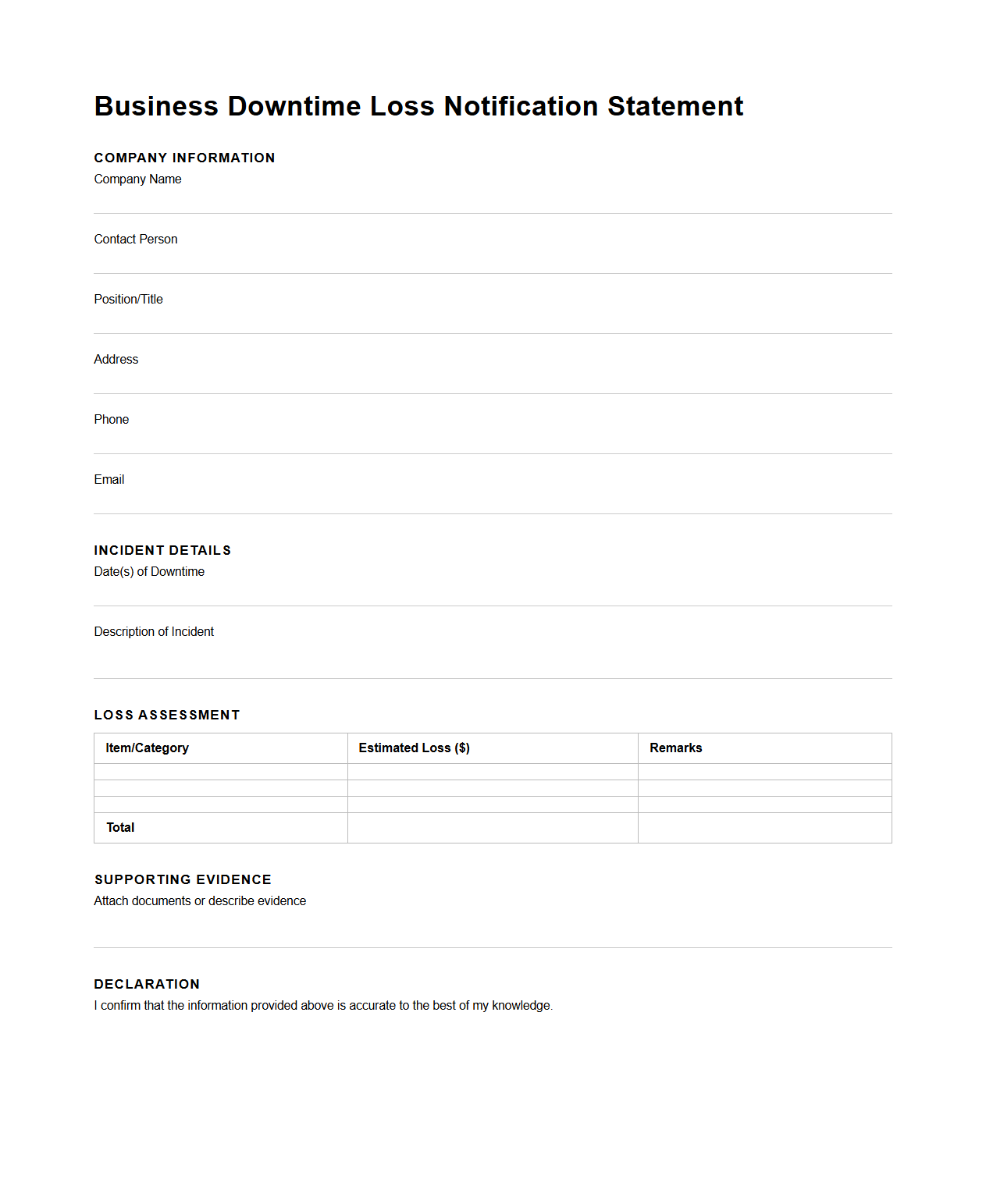 Business Downtime Loss Notification Statement