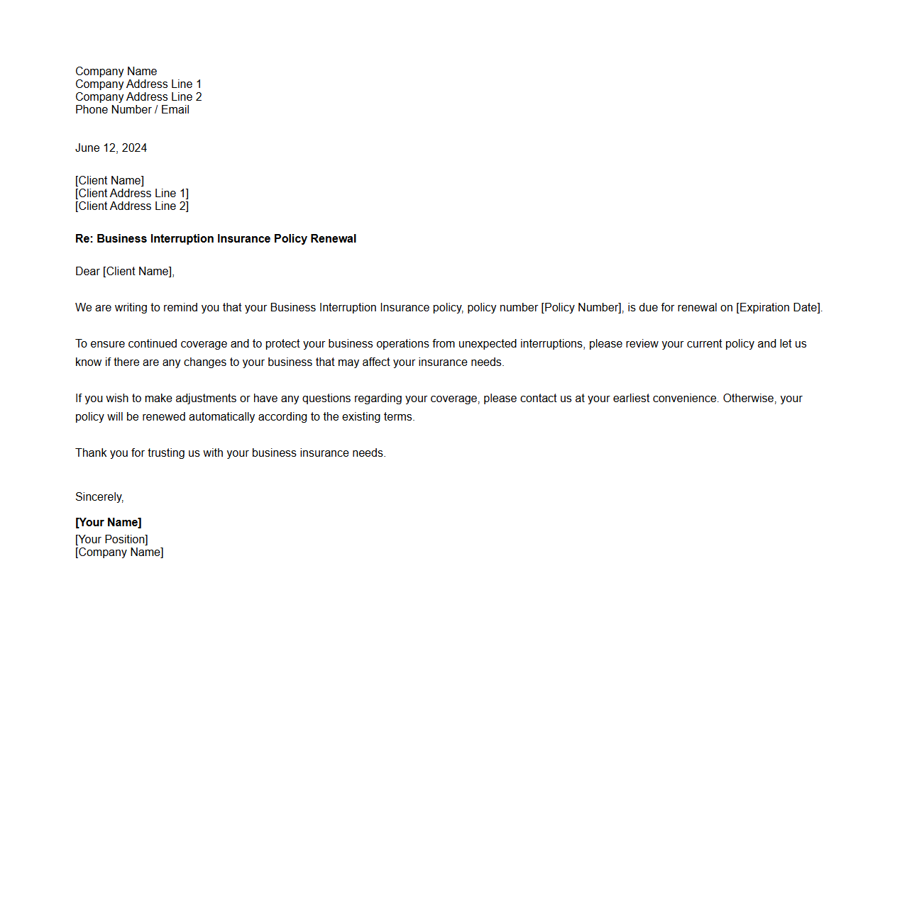 Business Interruption Insurance Renewal Letter