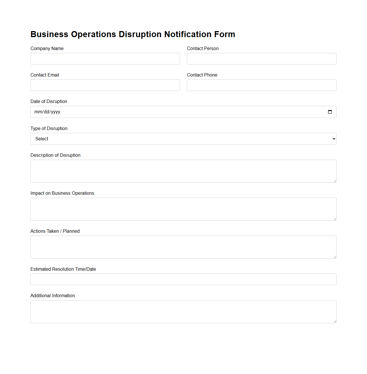 Business Operations Disruption Notification Form