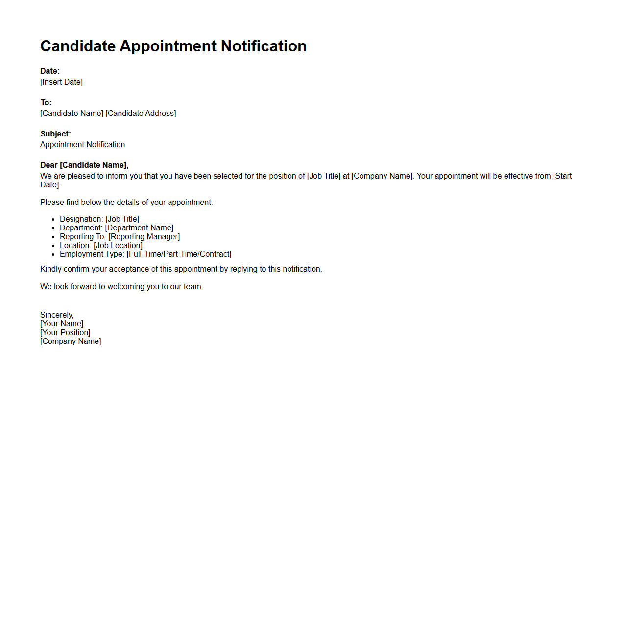 Candidate Appointment Notification Example
