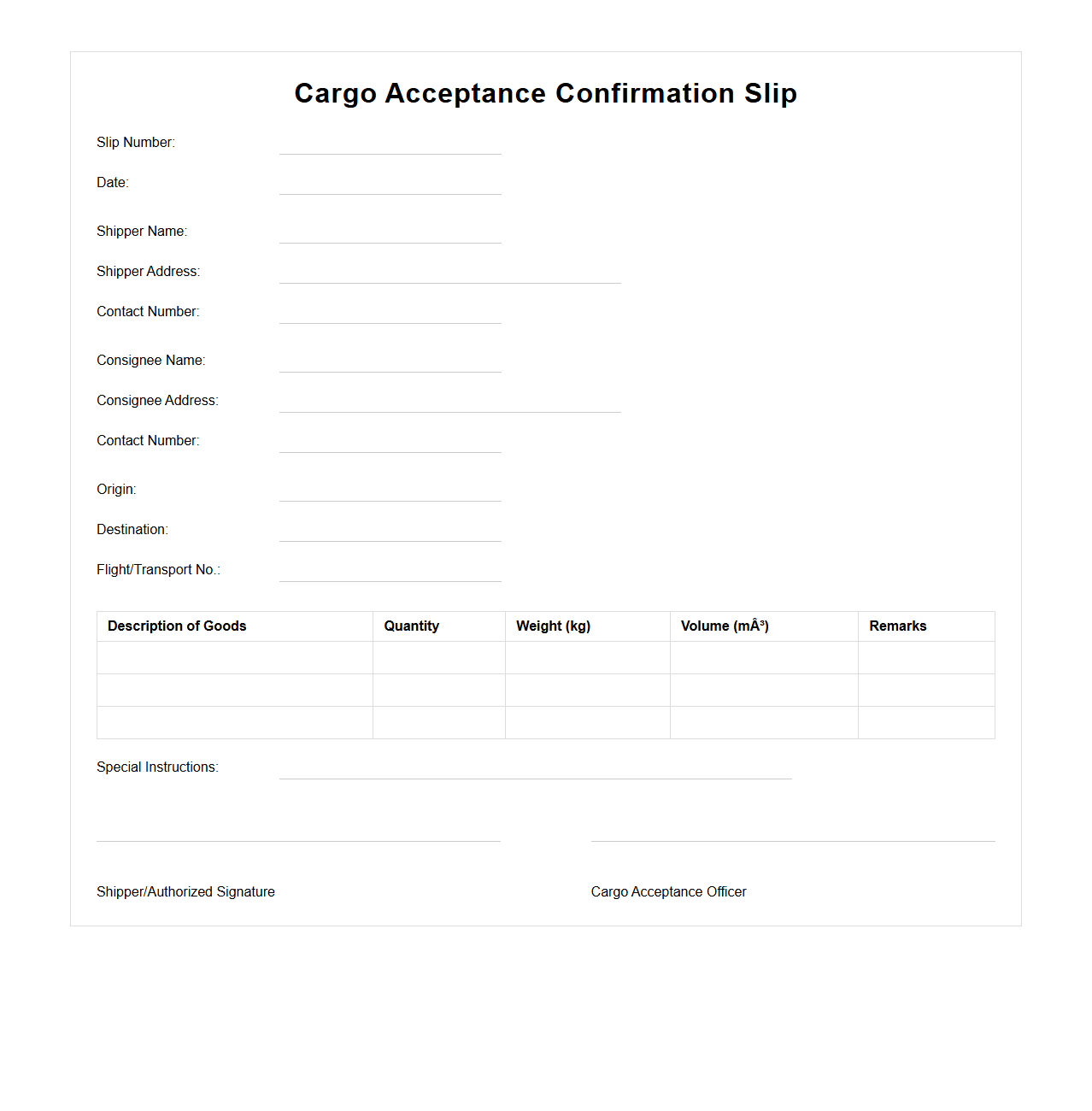 Cargo Acceptance Confirmation Slip