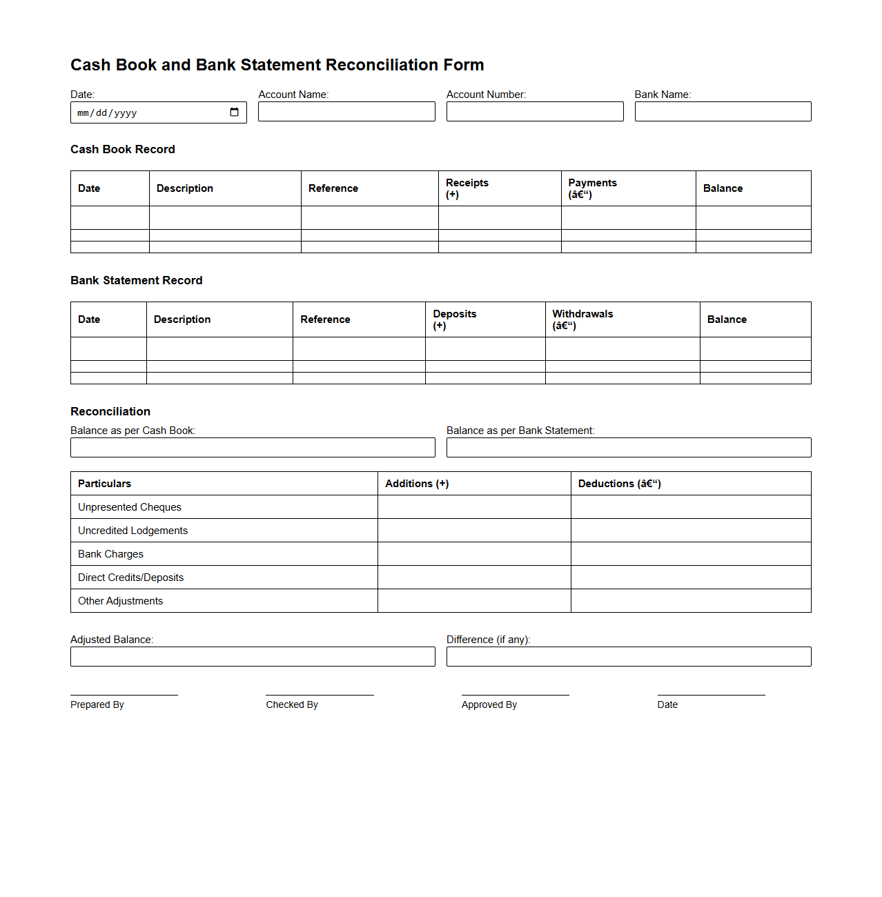 Cash Book and Bank Statement Reconciliation Form