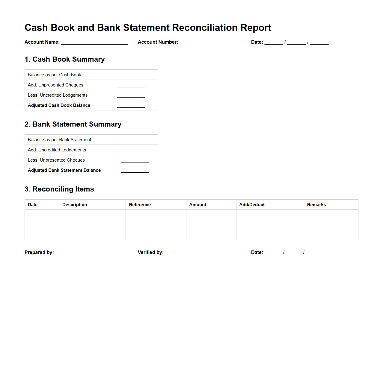 Cash Book and Bank Statement Reconciliation Report