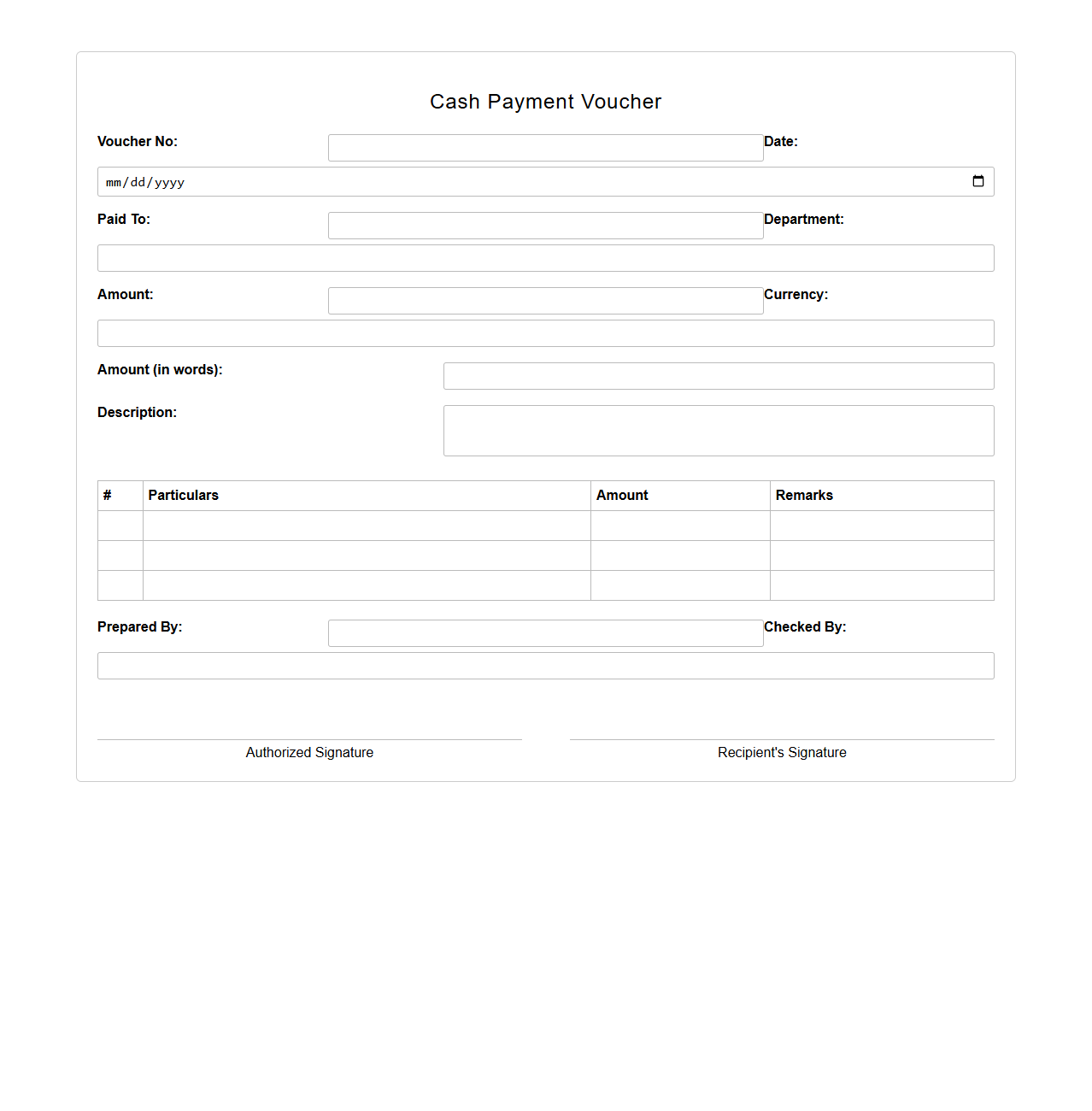Cash Payment Voucher Template for Retail Stores